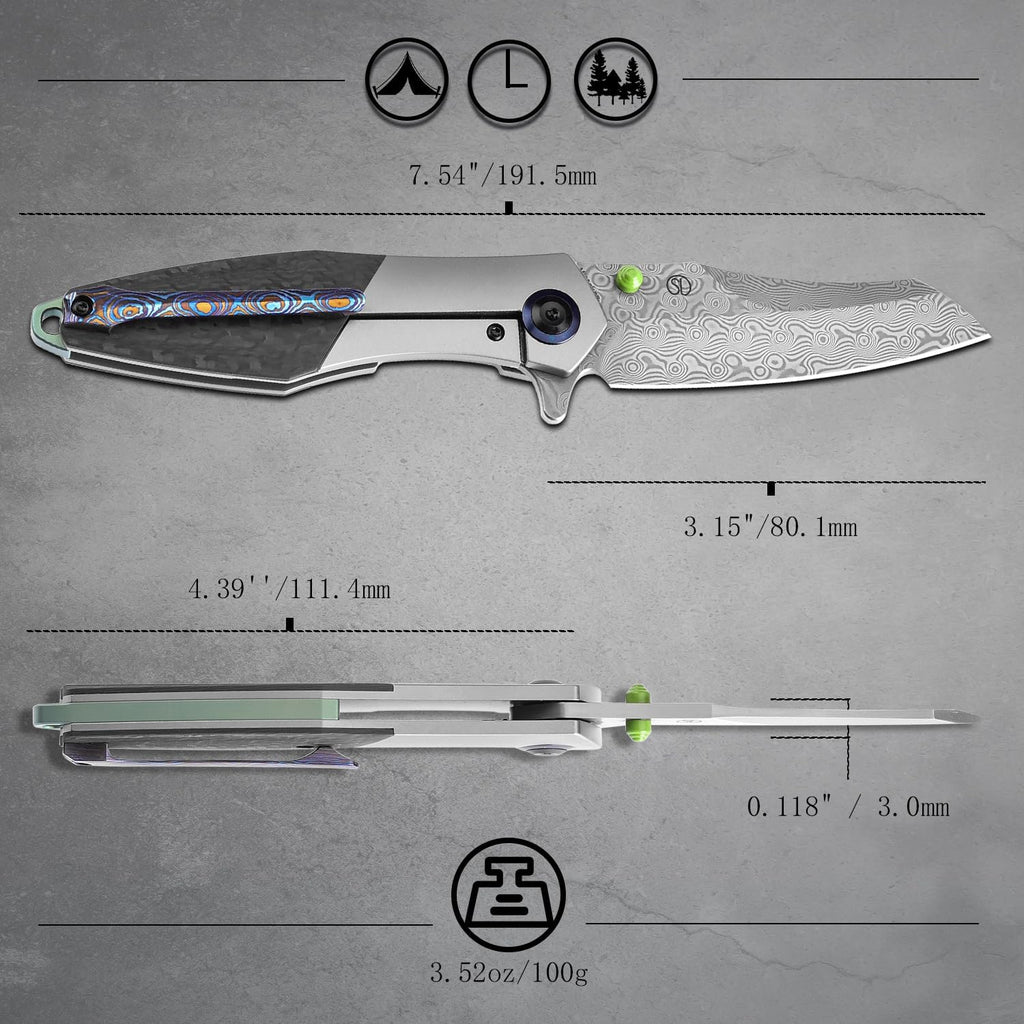 KANSEPT Mistaken Folding Knives for Men EDC Camping Pocket Folding Knife 3.58'' Damascus Blade with Beadblasted Titanium + Twill Carbon Fiber Handle Everyday Carry K1053D1