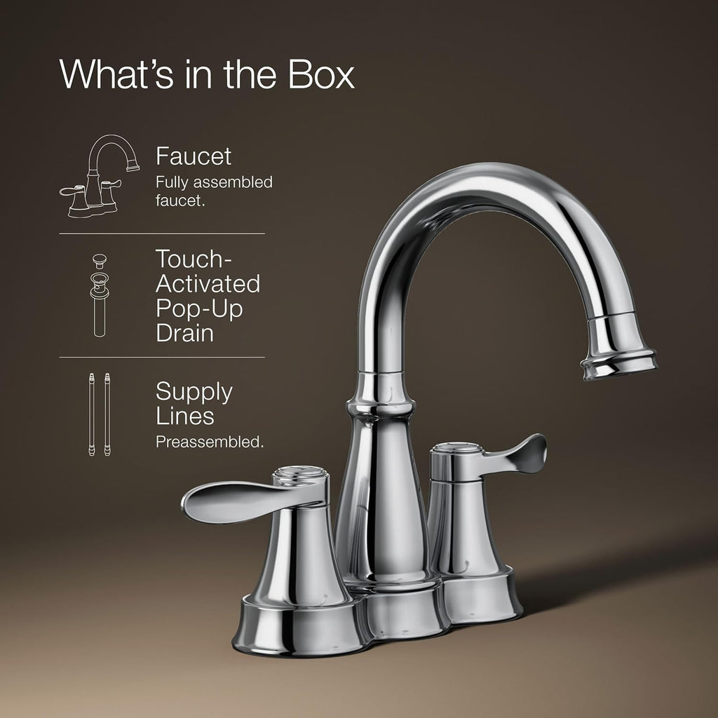 KOHLER K-27378-4-CP Bellera® Centerset Bathroom Sink Faucet, 1.2 GPM, Ceramic Disc Valves, Traditional Design, Polished Chrome