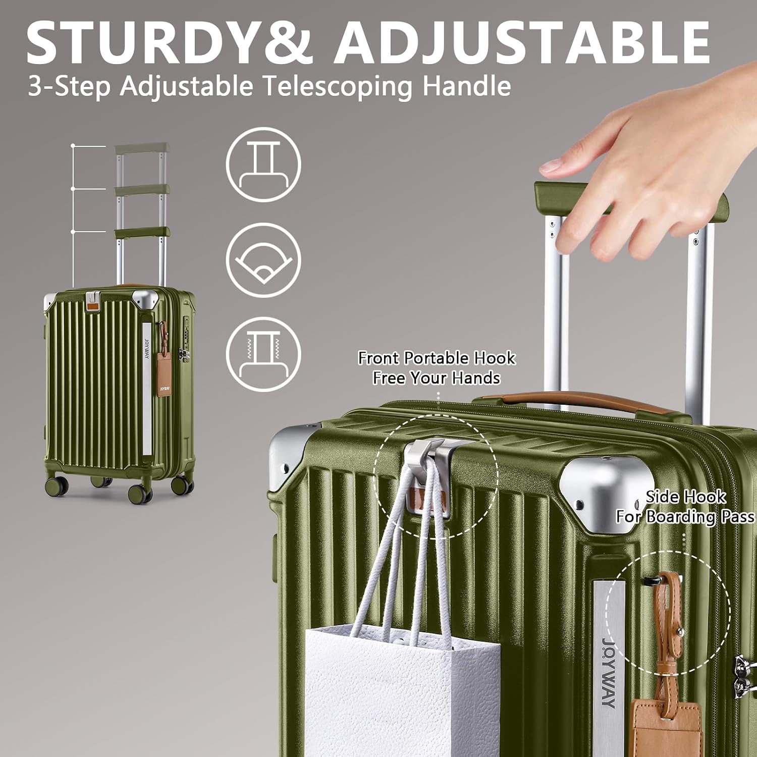 Joyway 5 Piece Luggage Set with Cup Holder, Expandable 25% Capacity, Includes Handbag, Anti Slip Wheels, Hook, Smart Carry On Suitcase for Men and Women, Spinner Travel DarkGreen