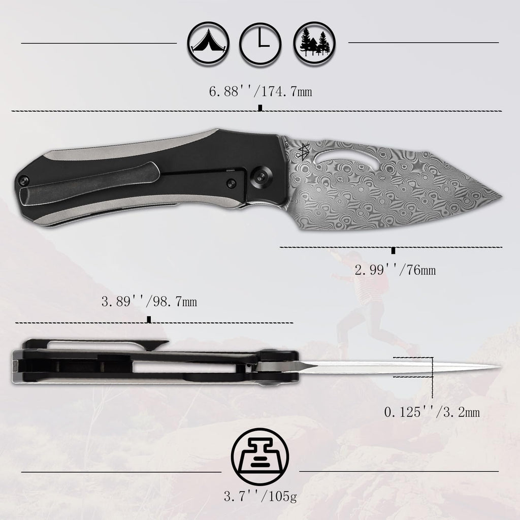 KANSEPT Loki Pocket Folding Knives for Men EDC Camping Folding Knife 2.99'' Damascus Blade Material Pocke Knife with Plain & Black Anodized Titanium Handle Everyday Carry K1058A3