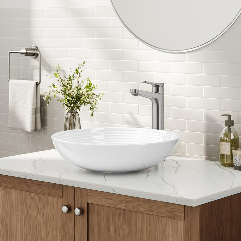 KRAUS Indy Bathroom Faucet for Vessel Sink in Spot-Free Brushed Nickel with Single Handle, Pop Up Drain and Supply Lines, KVF-1410SFBN