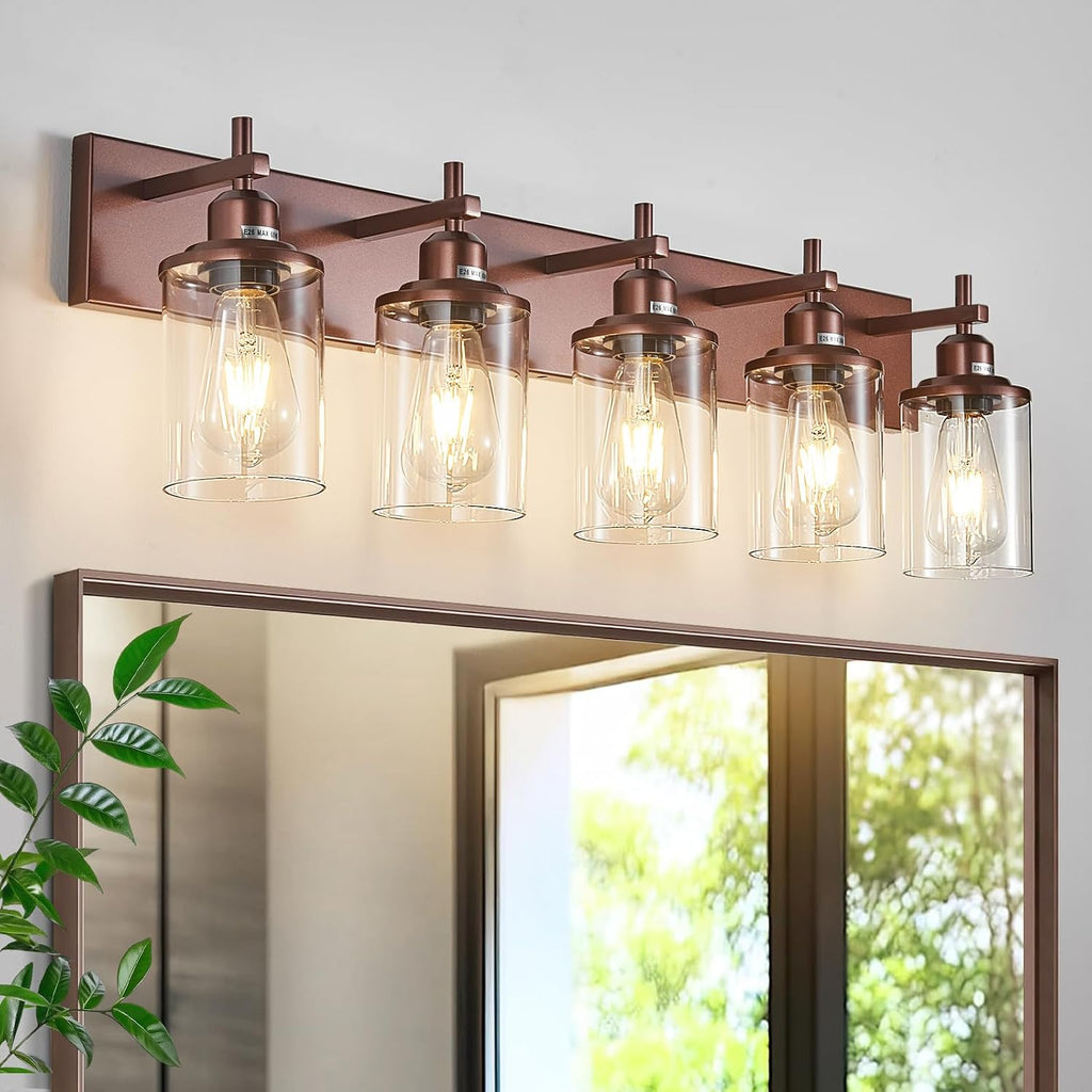 Lanhall 5-Light Bronze Bathroom Light Fixtures Over Mirror,Modern Bathroom Vanity Light with Clear Glass Shade, Wall Sconce for Bathroom Hallway Cabinet Bedroom Kitchen Living Room Foyer E26 Base