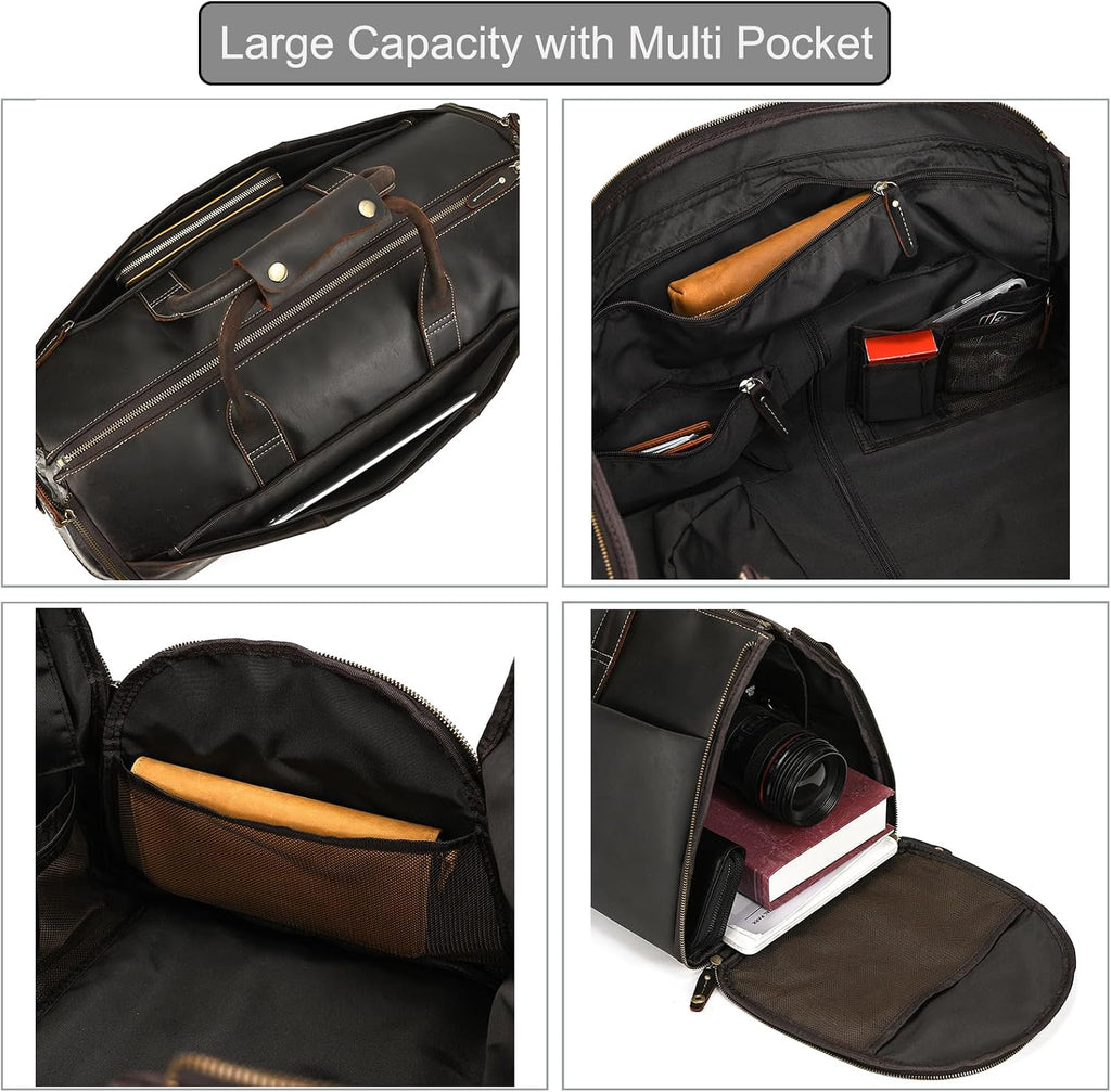 LUUFAN Full-grain Leather Garment Bag Large Capacity Travel Bag Business Suit Carrier Bag with Shoe Compartment, Overnight Gym Sports Duffel Bags for Men Women, Dark Brown