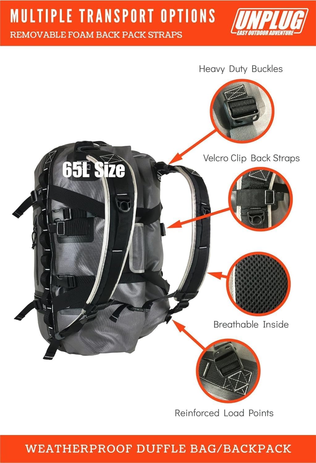 UNPLUG Ultimate Adventure | 1680D Heavy Duty Waterproof Bag | Large Travel Bag which can be Used for Camping, Motorcycling, Boating, or Hunting|65L Storm Grey