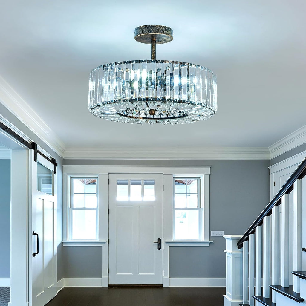 Piepooye 4 Lights Modern Crystal Chandelier Oil Rubbed Bronze Round Semi Flush Mount Ceiling Light Fixture Farmhouse Chandelier for Dinning Room Living Room Bedroom Hallway Entryway Kitchen