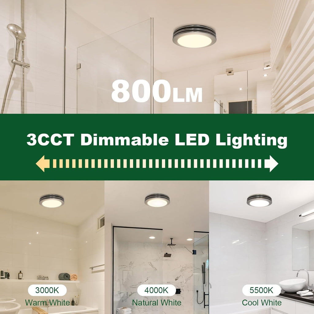 Akicon Bathroom Exhaust Fan with Shower Light, 80 CFM 2.0 Sones Round Bathroom Fan Light Combo, Dimmable 3CCT LED Lights Vent Fans with Acrylic Cover for Shower Room, Home (Brushed Nickel)