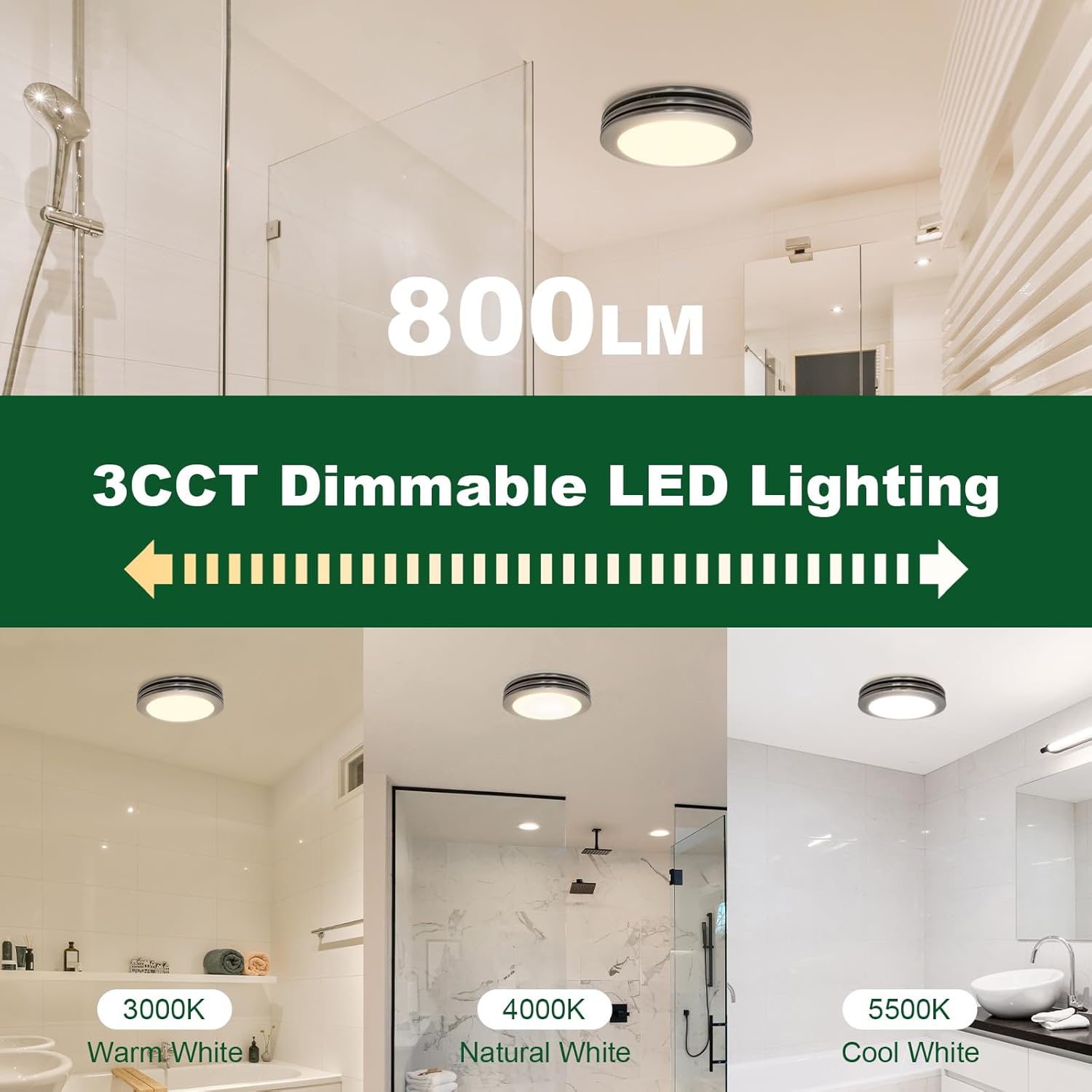 Akicon Bathroom Exhaust Fan with Shower Light, 80 CFM 2.0 Sones Round Bathroom Fan Light Combo, Dimmable 3CCT LED Lights Vent Fans with Acrylic Cover for Shower Room, Home (Brushed Nickel)