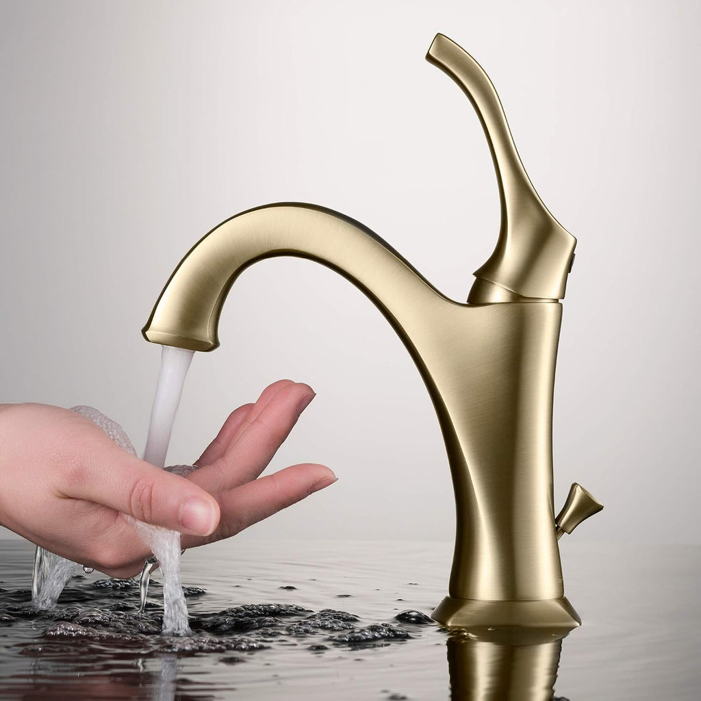 KRAUS KBF-1201BG Arlo Single Handle Basin Bathroom Faucet with Lift Rod Drain and Deck Plate, Brushed Gold