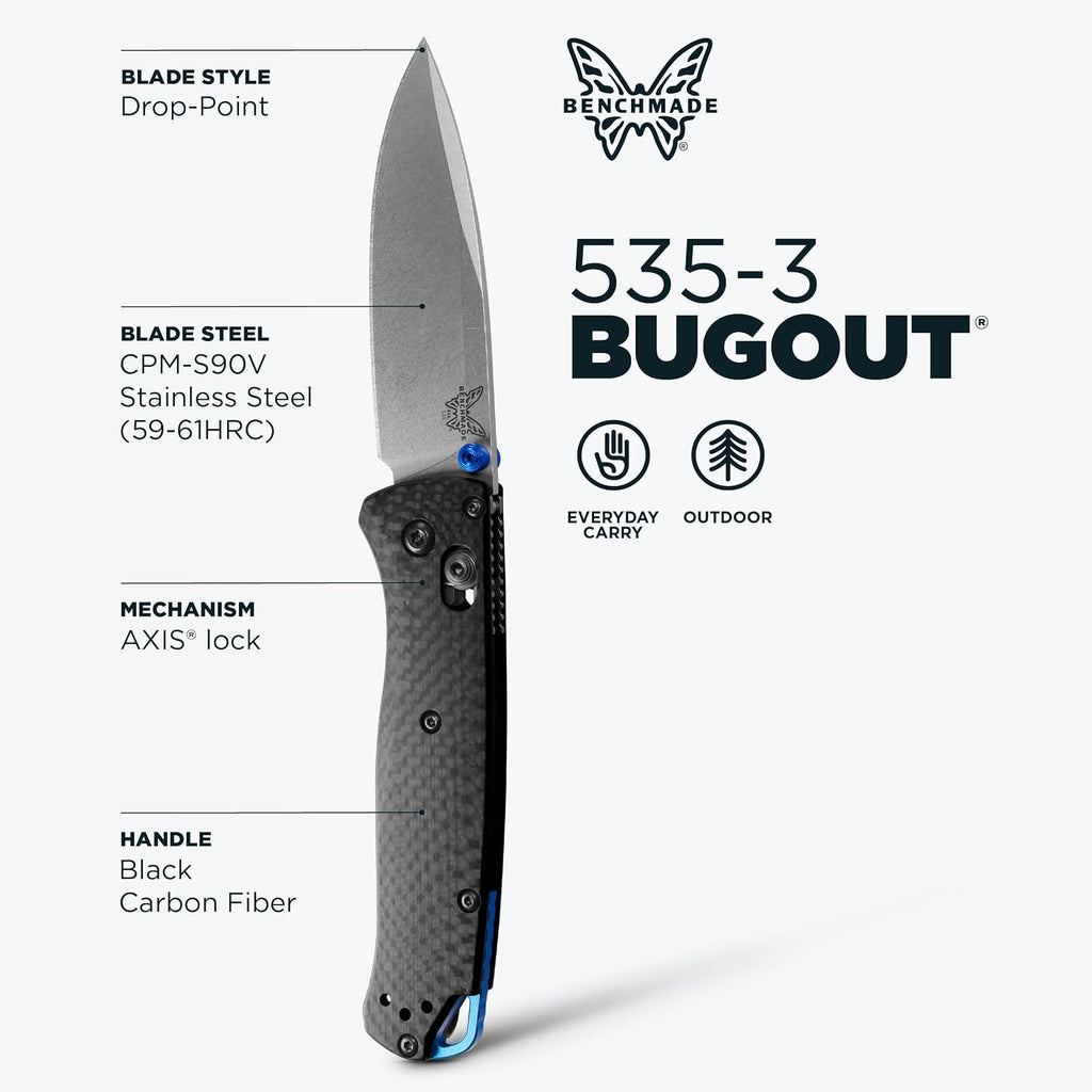 Benchmade - Bugout Outdoor EDC Folding Knife, Slim, Lightweight, Drop-Point Blade, Carbon Fiber (535-3)