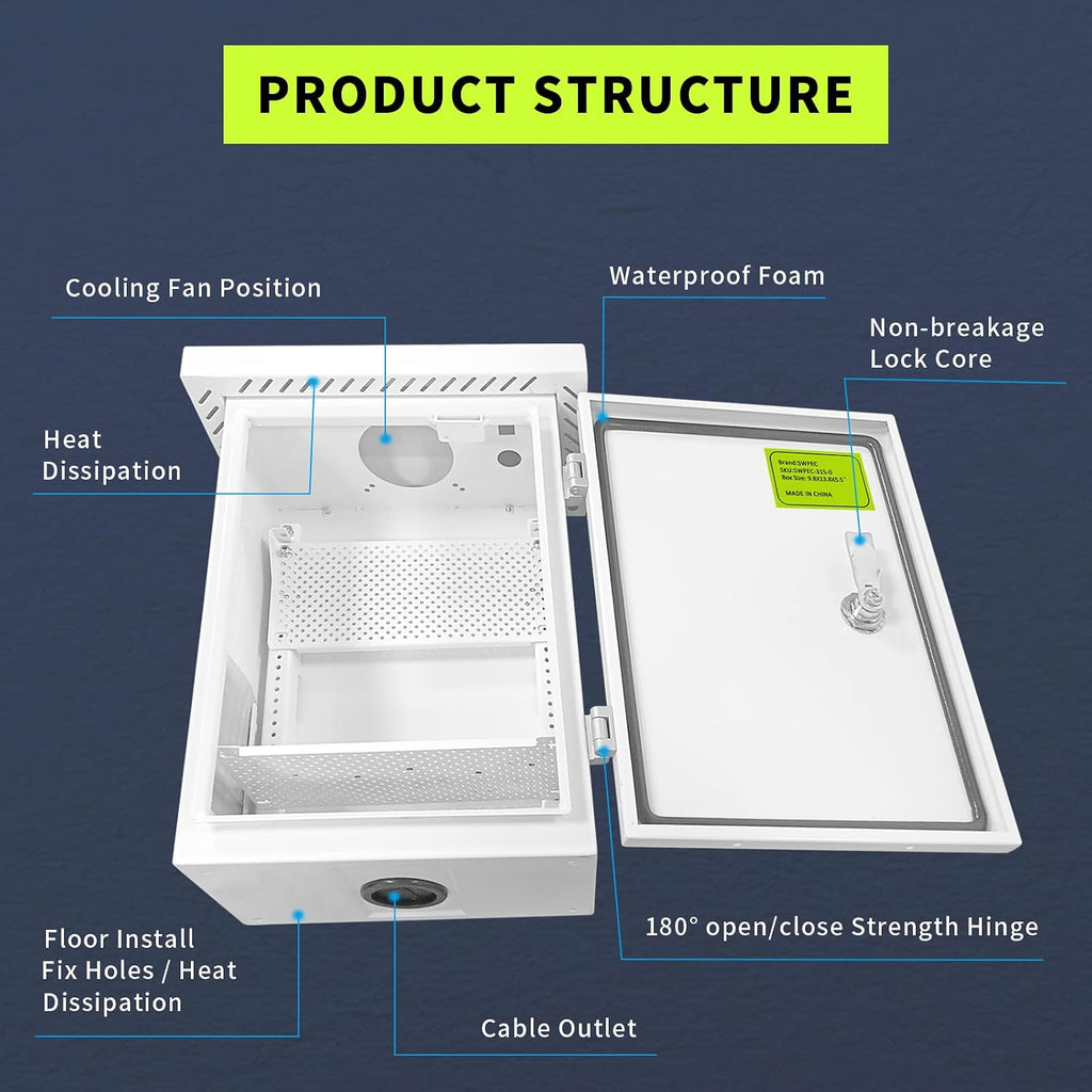 Metal Outdoor Enclosure with Rain Hood Electrical Box Weatherproof WiFi/Network Enclosure Breaker Box with Fan-Vent Design Cable Project Cabinet with Mounting Track Hole in Back 12X16X10
