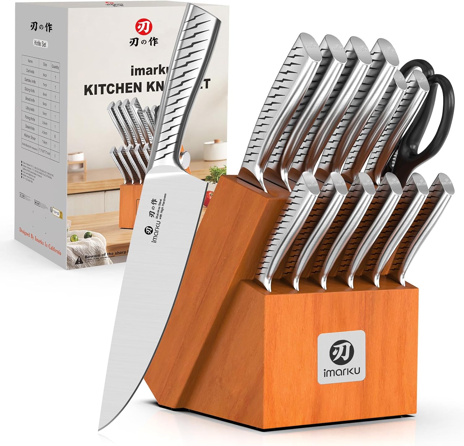 imarku 14-Piece Knife Set with Block, One Set for Meat, Fish, Veggies & Bread, Glides Through Every Cut, High Carbon Stainless Steel with Built-in Sharpener, Dishwasher Safe,Ergonomic Non-Slip Handle
