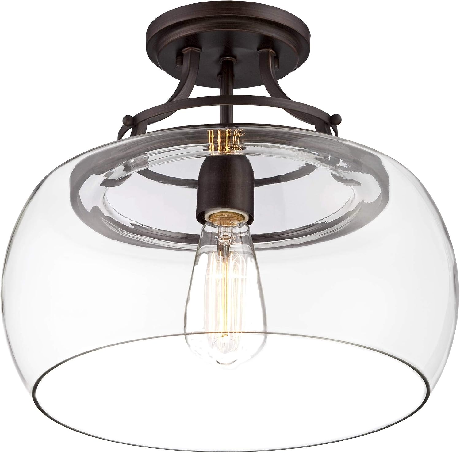 Franklin Iron Works Charleston Industrial Rustic Farmhouse Ceiling Light Semi Flush-Mount Fixture 13 1/2' Wide Bronze LED Clear Glass Shade for Bedroom Kitchen Living Room Hallway Dining Bathroom
