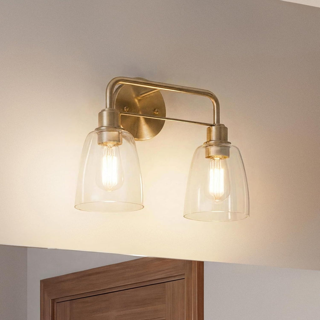 Kichler Meller 2-Light Bathroom Vanity Light Fixture with Clear Glass Shades, Industrial Wall Sconce in Champagne Bronze for Bathroom Mirror (11.25' x 5.5' x 7'), 55101CPZ