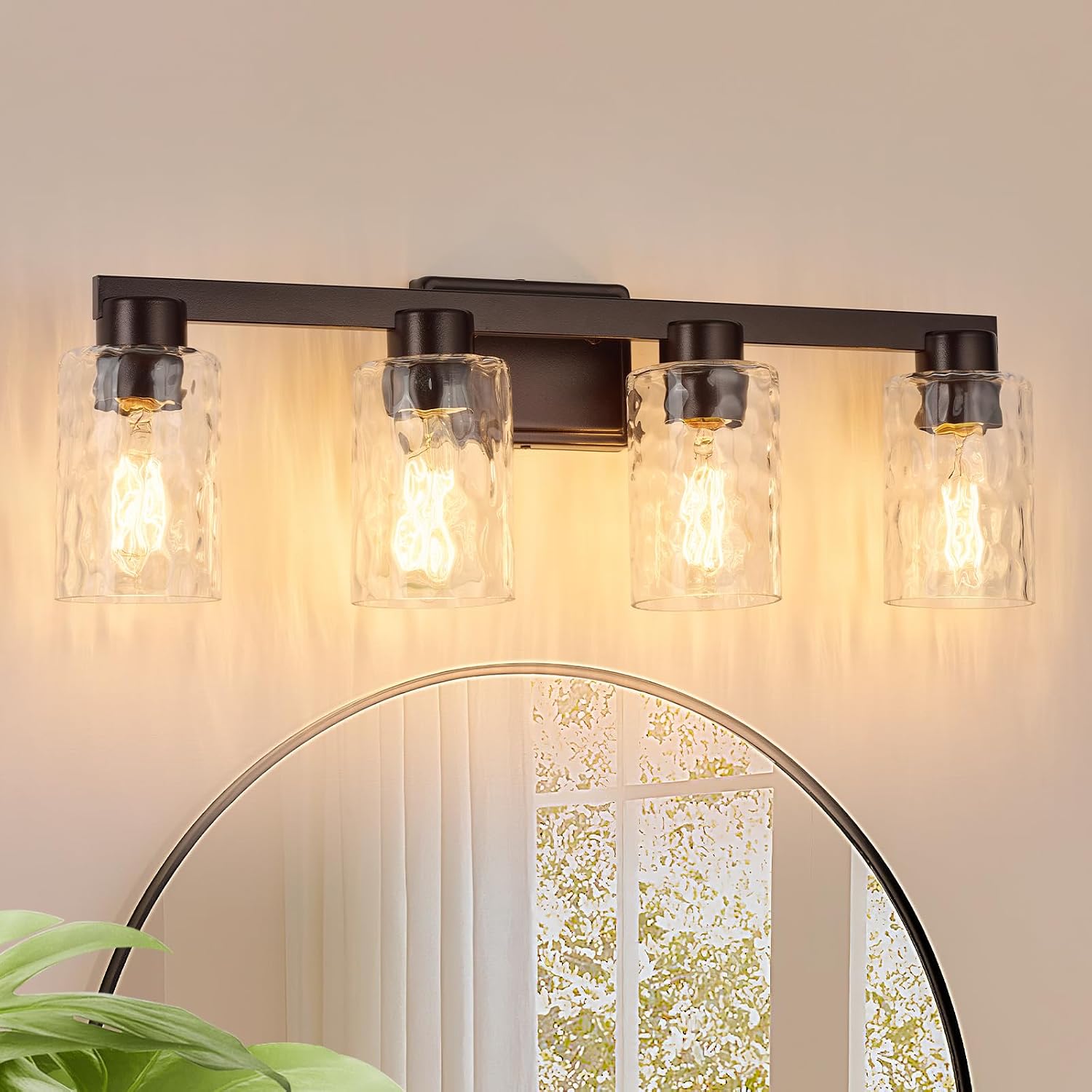 4-Light Bathroom Light Fixtures Modern Oil Rubbed Bronze Vanity Lights with Water Ripple Glass Wall Sconces Over Mirror for Bathroom, Powder Room, Living Room