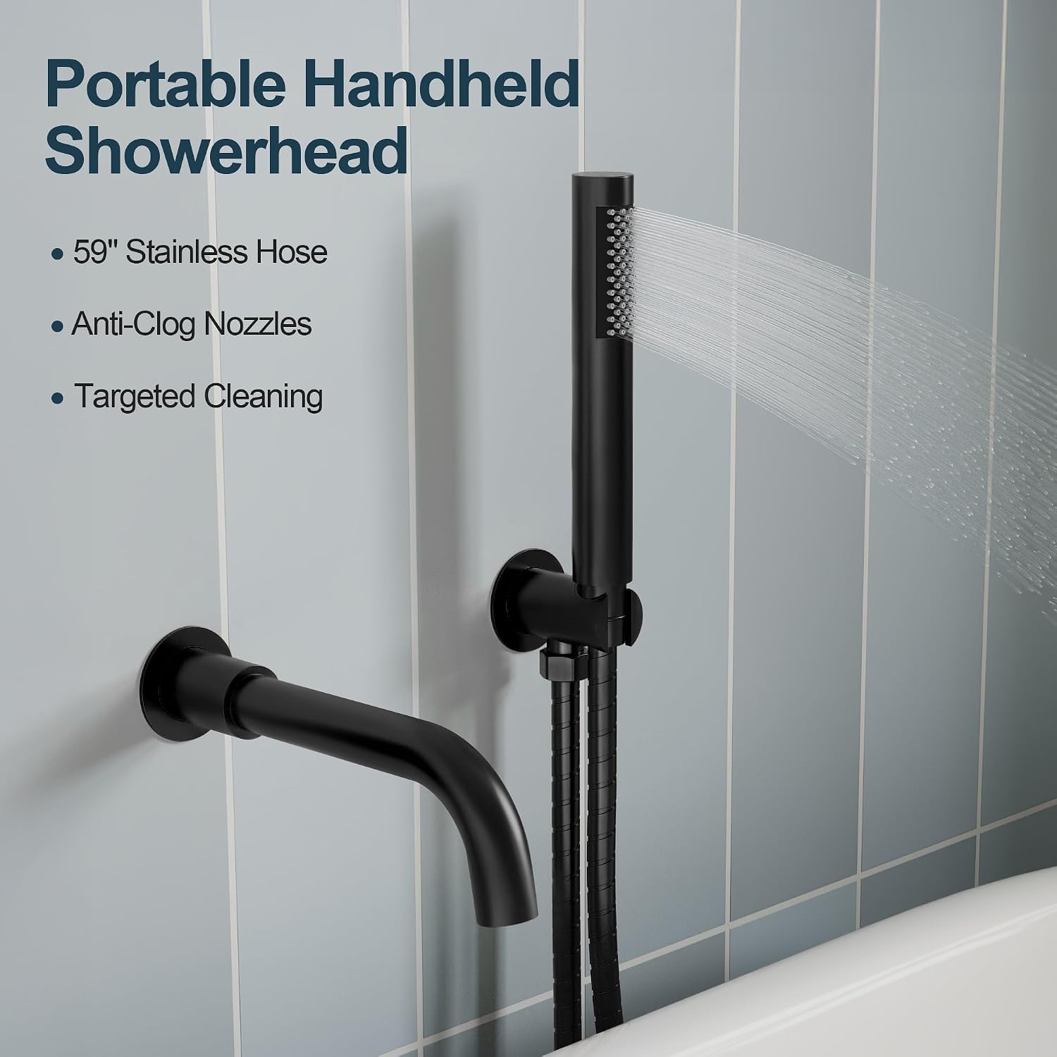 Matte Black Wall Mount Bathtub Faucet with Handheld Shower, High Flow Tub Filler, Solid Brass Rough-in Valve Included, Single Handle Bathroom Fixture