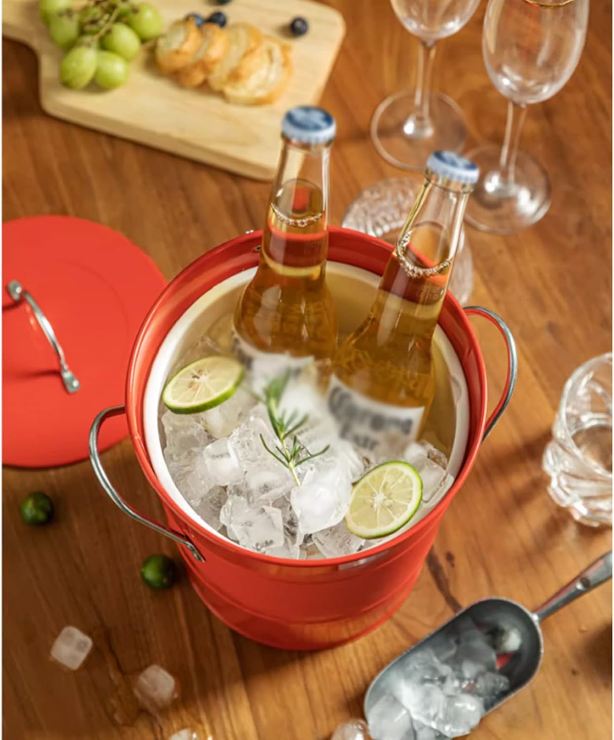 Ice Buckets 3.5 Liter Double Wall Ice Bucket Insulated Ice Buckets with Lid and Scoop Thickened Metal Ice Buckets, Party Beverage Tub for Home Kitchen Parties Cocktail Bar Bar Ice Bucket(White)