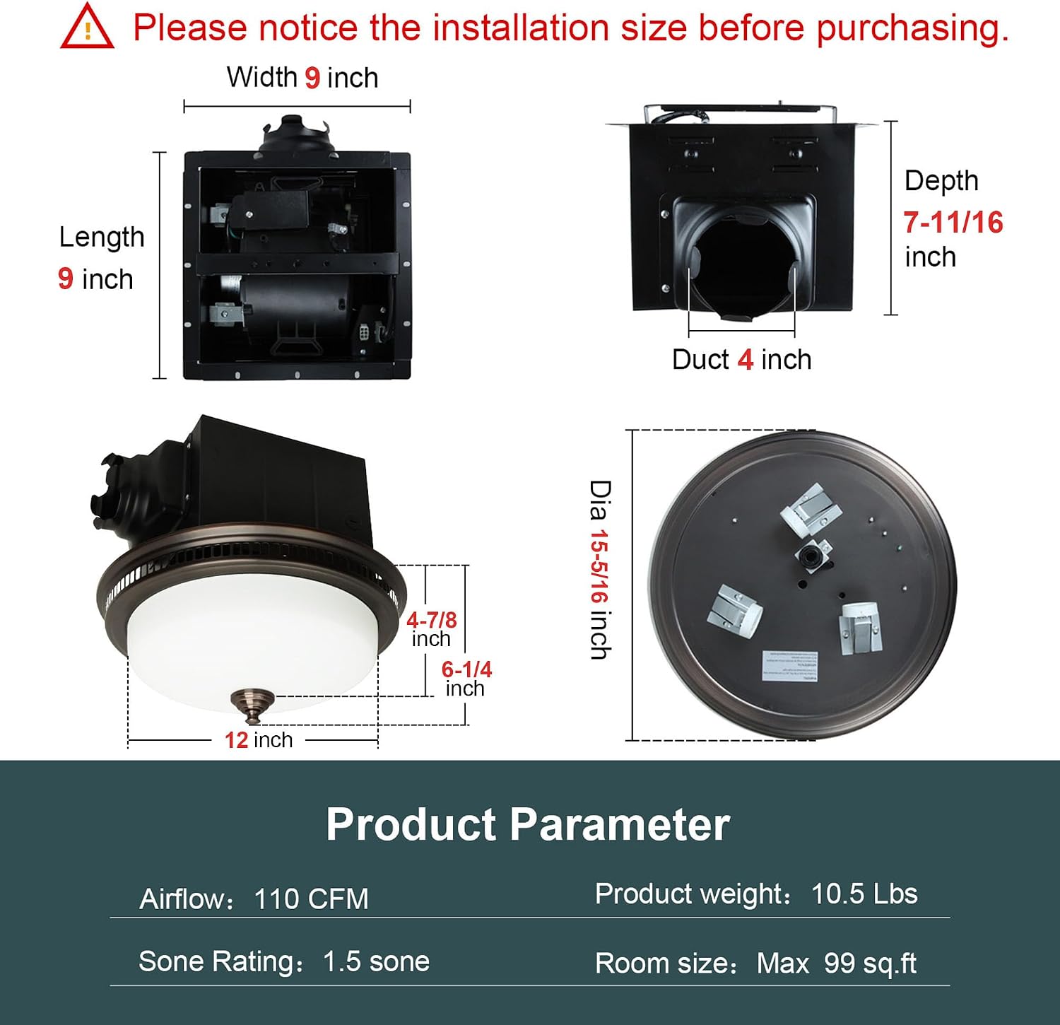 Akicon Bathroom Exhaust Fan with Light, Ultra Quiet 110 CFM 1.5 Sones Ventilation Exhaust Bathroom Fan Light Combo and Nightlight, 3 Years Warranty (Oil Rubbed Bronze)