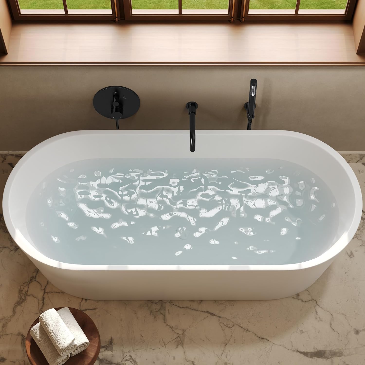 Matte Black Wall Mount Bathtub Faucet with Handheld Shower, High Flow Tub Filler, Solid Brass Rough-in Valve Included, Single Handle Bathroom Fixture