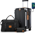 Joyway 20in Carry On Luggage with Cup Holder and USB Port, 25% Expandable Capacity, Smart Suitcase with Anti Slip Wheels and Handbag, Perfect for Men and Women 3 Piece Set Black