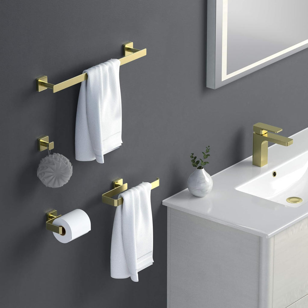 KIBI Blaze Bathroom Hardware Set 4 Piece Bathroom Accessories Set | Towel Bar (19'), Towel Holder, Toilet Paper Holders, Robe Hook (Brushed Gold) (KBA16-4-2)
