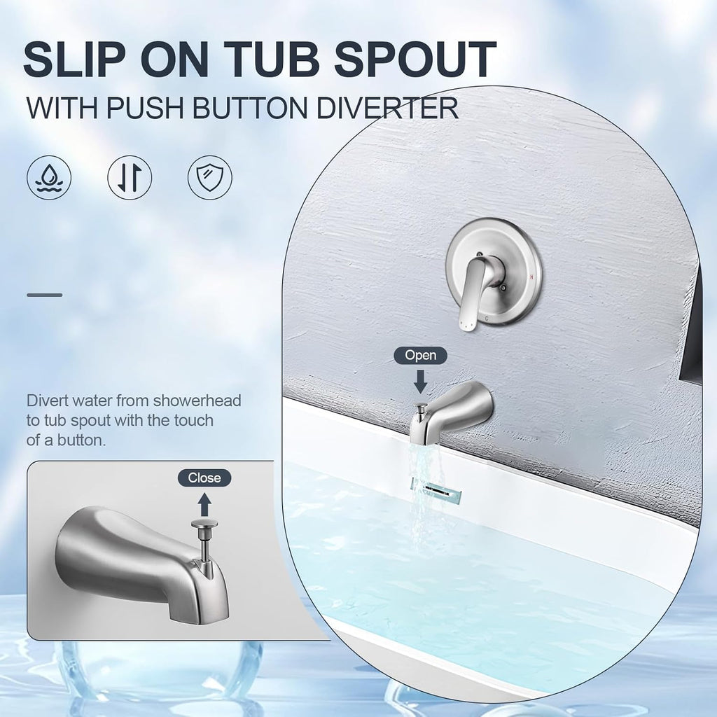 Shower Faucet with Valve, Brushed Nickel Bathroom Tub Shower Faucet Kit, Single Handle Rain Shower Head with Tub Spout, Solid Brass Shower Tub Faucet Set Complete, Bathtub Faucet with Shower