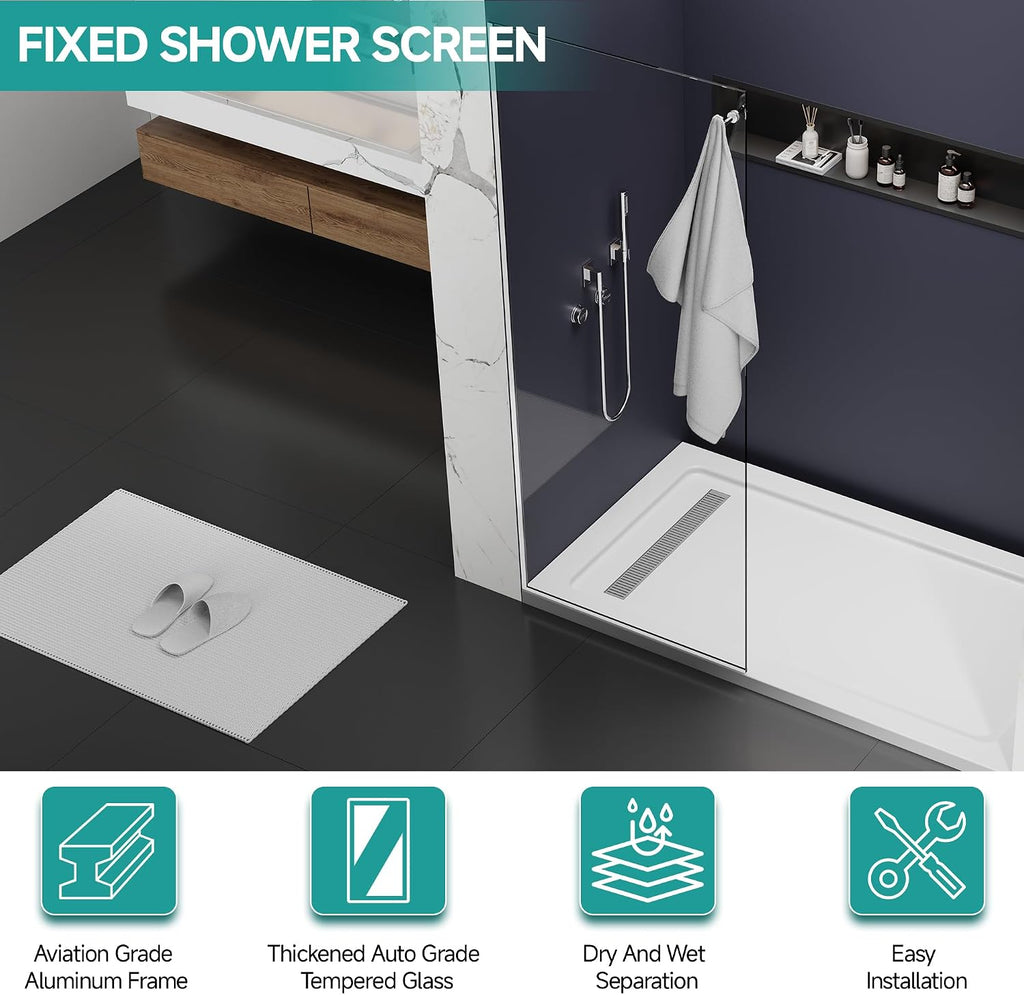 3/8' w/Coat Hook Fixed Shower Glass Panel, 36' W x 76' H, Polished Chrome | Frameless Fixed Shower Screen;Coat Hook;SGCC Tempered Glass;Easy Clean Coating;Aluminum;Single Shower Door