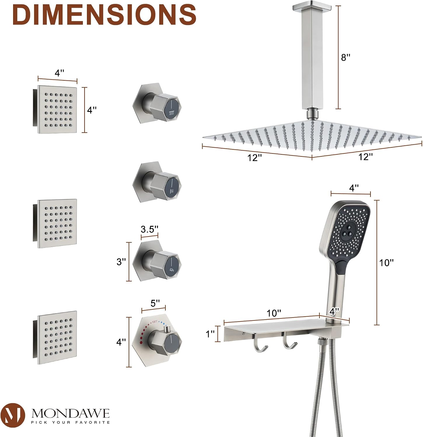 MONDAWE Shower System with Body Jets, 12 Inch Thermostatic Rain Shower System Ceiling Mount, Full Body Spray Shower Jets System with a Shelf, Towel Hooks - Brushed Nickel
