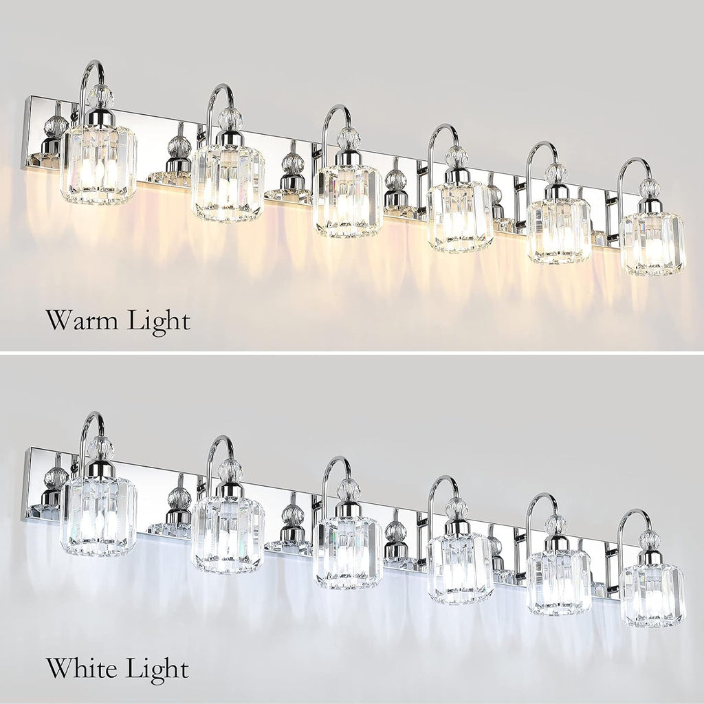 Ralbay 6-Lights Stainless Steel Crystal Bathroom Vanity Lights Over Long Mirror Modern Crystal Vanity Lighting Fixtures for Bathroom