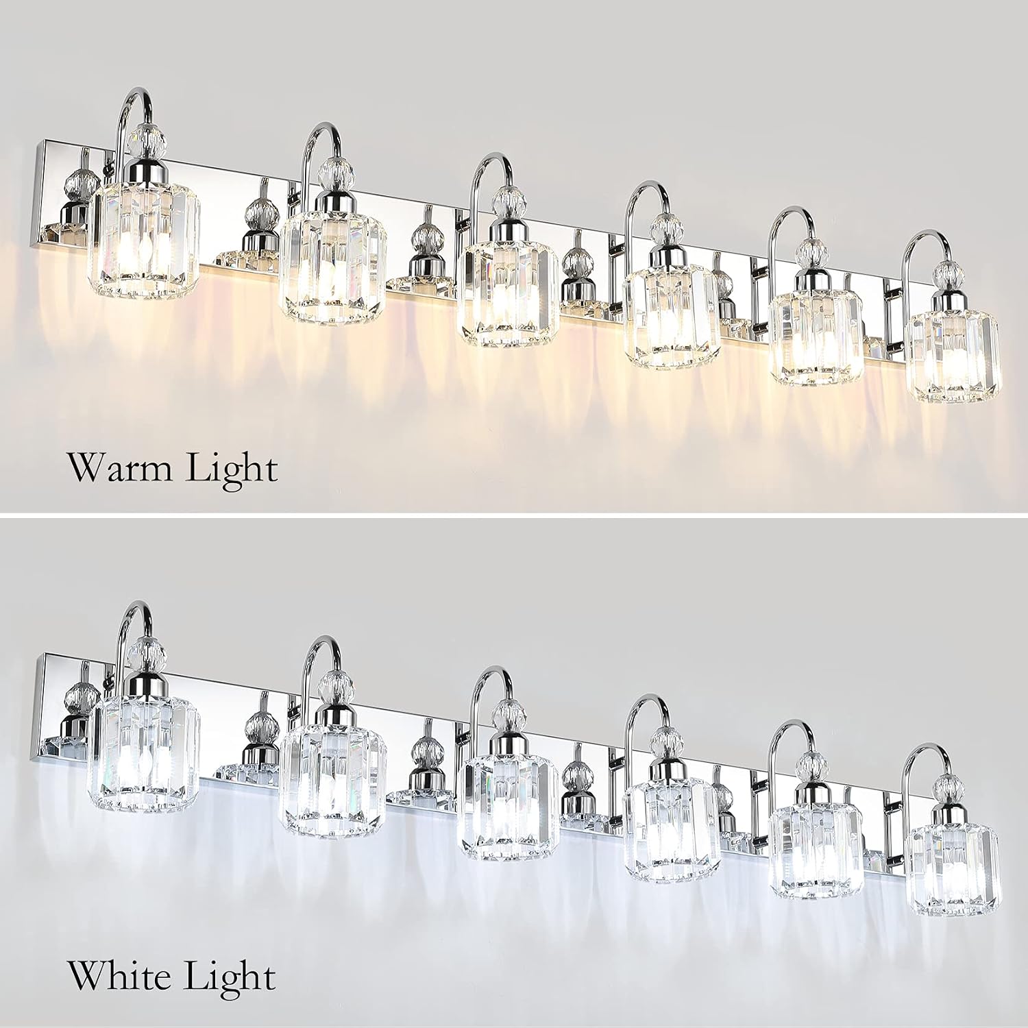 Ralbay 6-Lights Stainless Steel Crystal Bathroom Vanity Lights Over Long Mirror Modern Crystal Vanity Lighting Fixtures for Bathroom