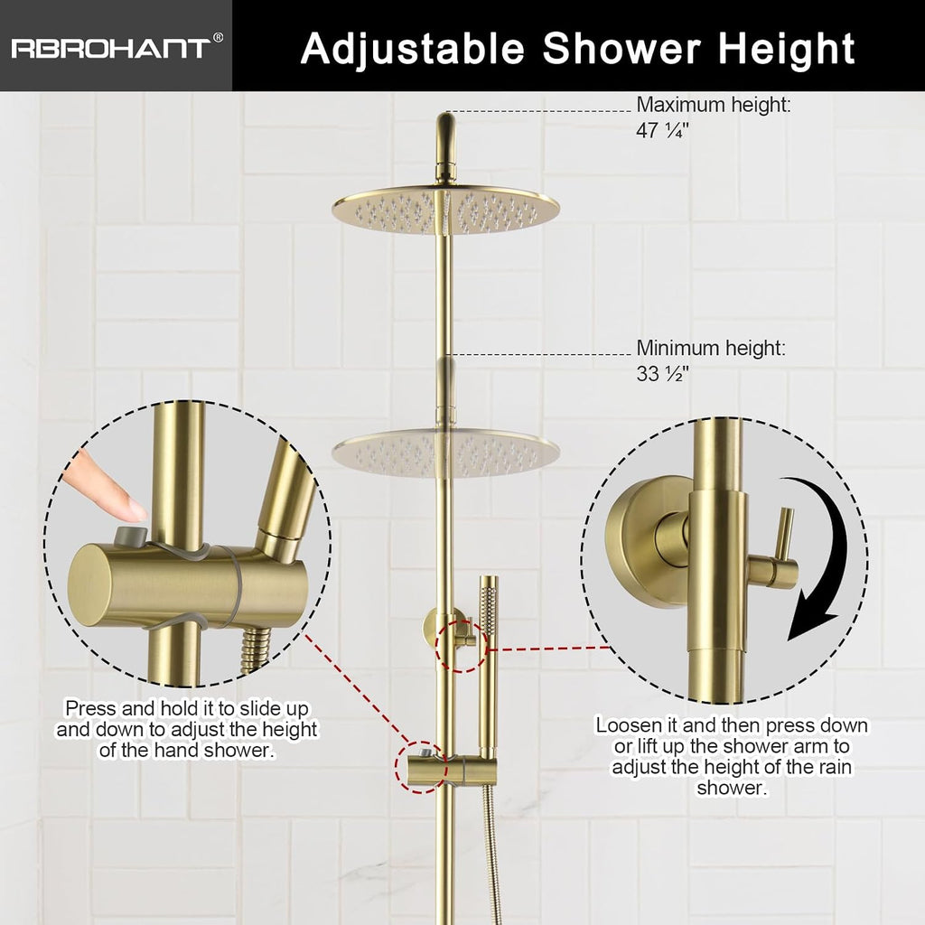 RBROHANT Exposed Shower System with Tub Spout, Brushed Gold Exposed Pipe Shower Faucet with 3 Functions Brass Shower Valve, Shower Height Adjustable, Wall Mounted