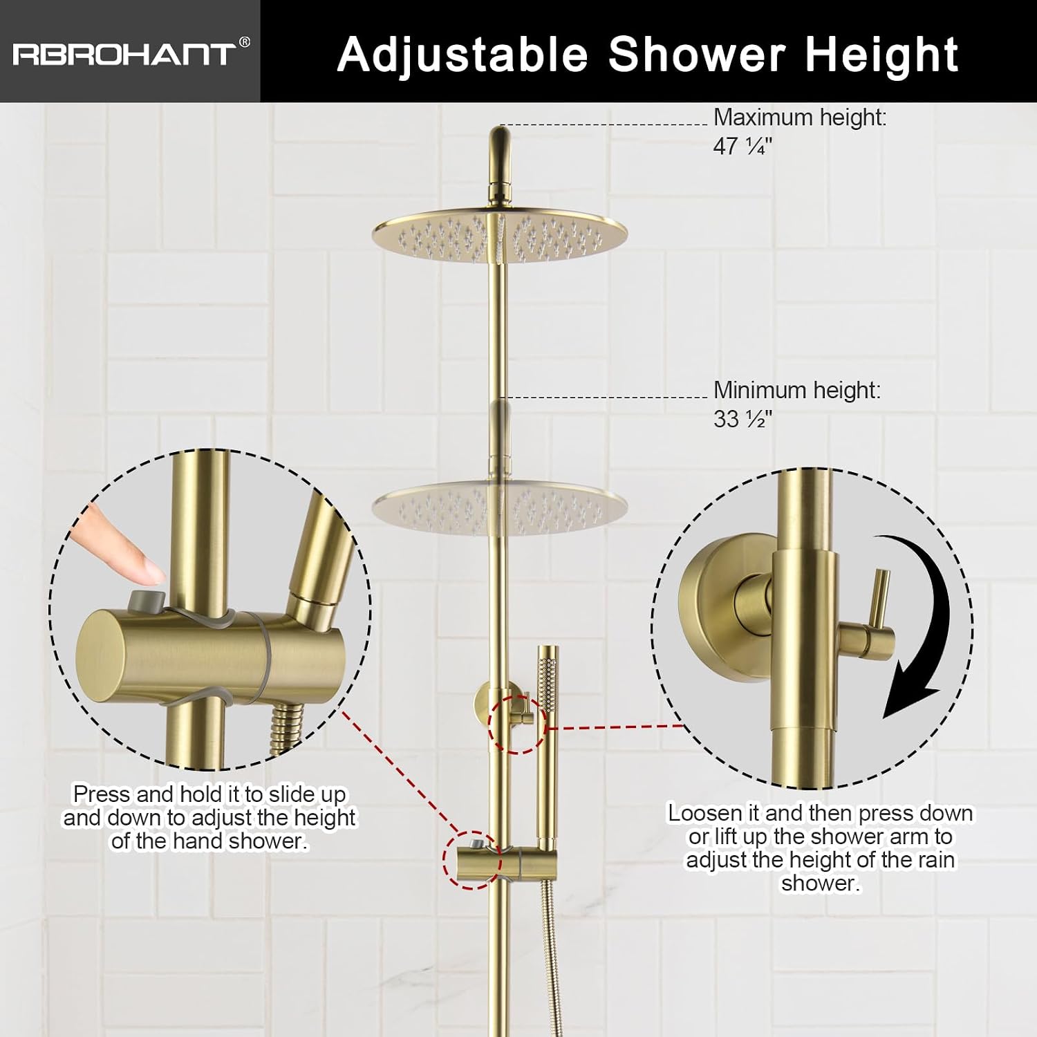 RBROHANT Exposed Shower System with Tub Spout, Brushed Gold Exposed Pipe Shower Faucet with 3 Functions Brass Shower Valve, Shower Height Adjustable, Wall Mounted