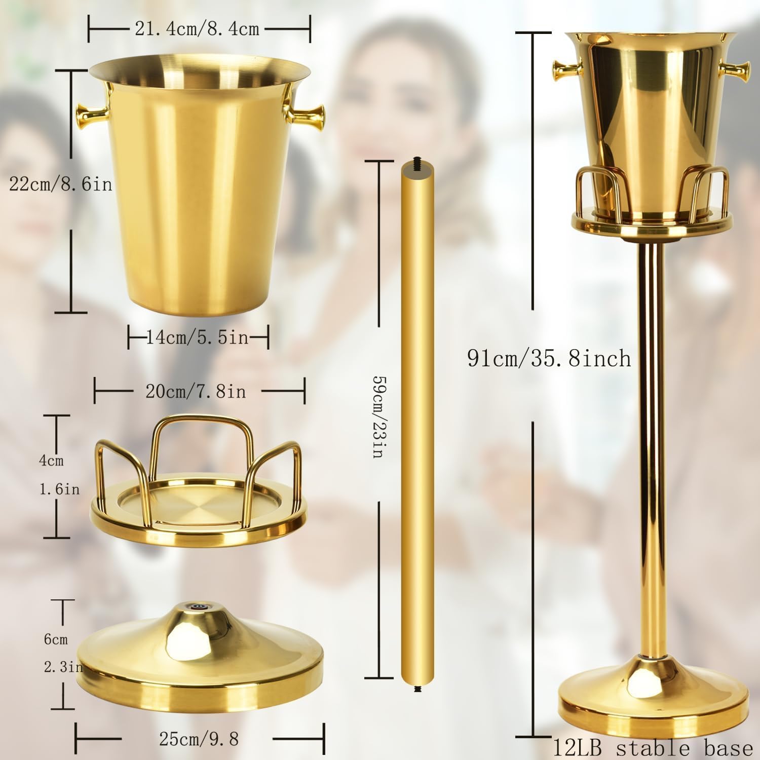 Ice Bucket with Stand Christmas Stainless Steel Standing Ice Bucket Ice Cube Container, Wine Bucket on rack Champagne Bucket for Wine Beer KTV Club Bar Bbq Party Wedding, 12ib 5L,gold 2packs