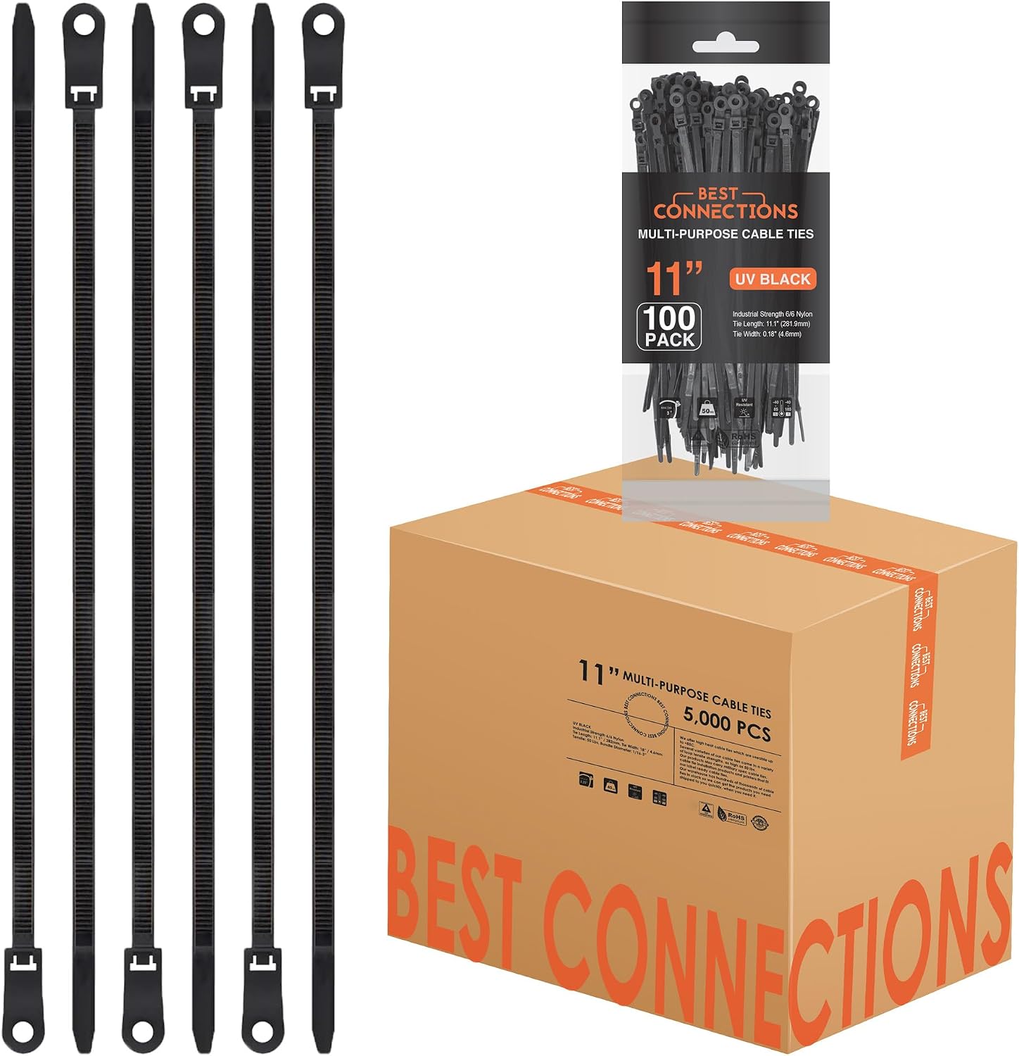 BEST CONNECTIONS Black Cable Zip Ties 11 Inches with Screw Down Hole for Mounting- Strong Nylon Wire Ties with 50 Lbs Tensile Strength – Cable Management Ties for Outdoor & Indoor – 5,000 Pack Total