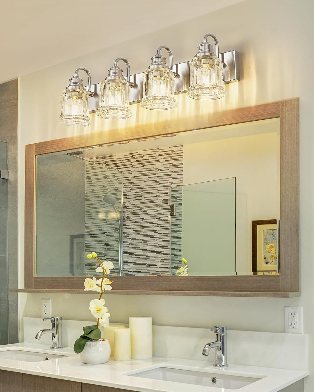 Brushed Nickel Bathroom Light, HWH 4-Light Vanity Lights for Bathroom Vanity Sconce Over Mirror, Wall Mounted Light Fixtures with Bell-Shaped Striped Glass, 5HZG106B-4W BN