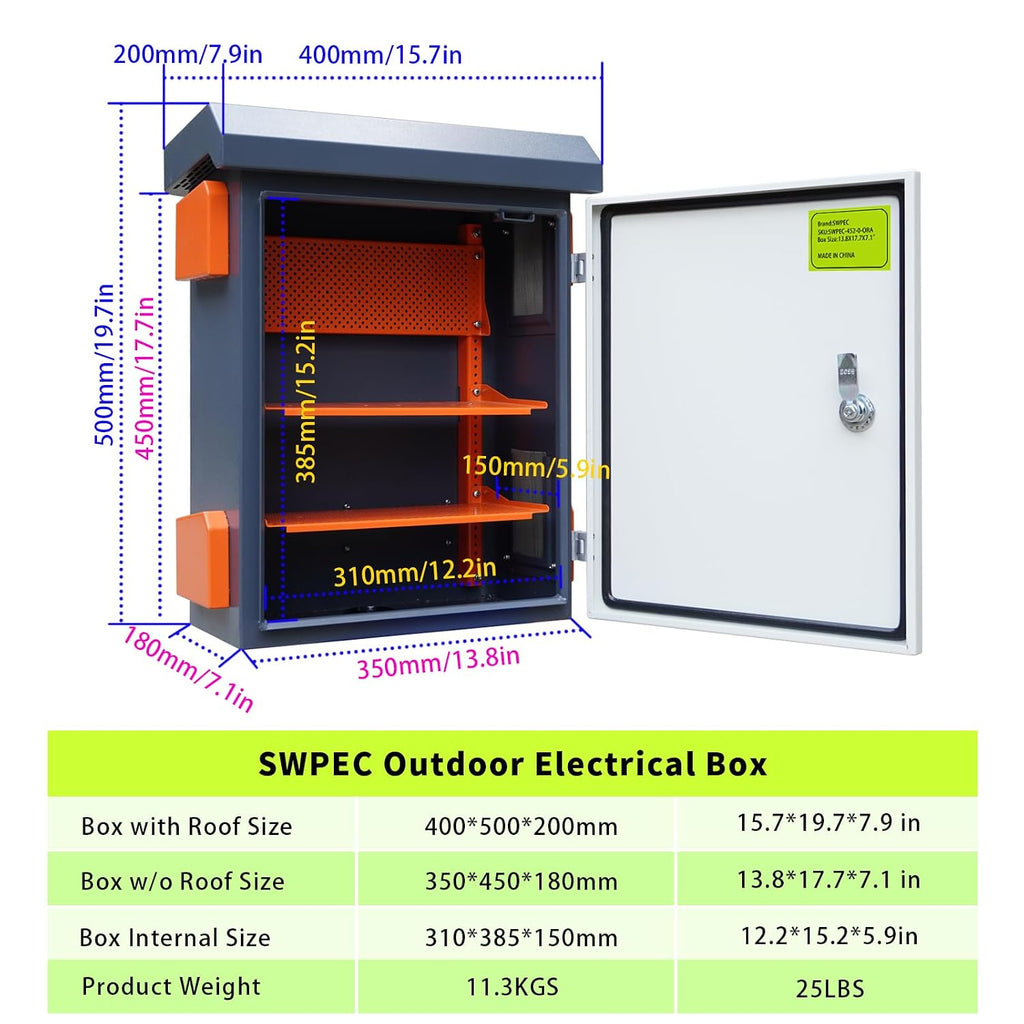 Outdoor Electrical Enclosure Nema Box with Rain Hood Weatherproof Box for Electronics Junction Box with Fan Vented, Electrical Cabinet with Mounting Track Hole in Back 16X20X8