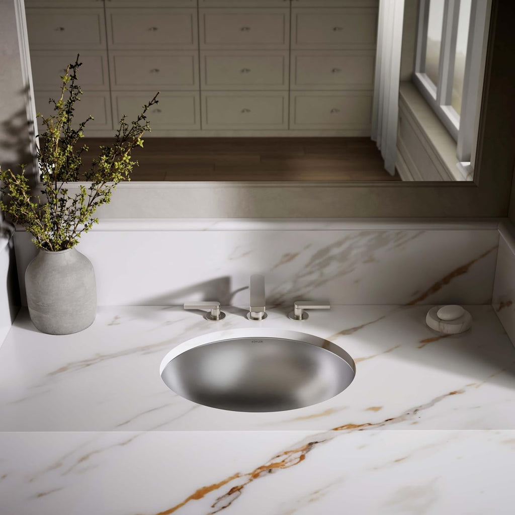 KOHLER K-2608-SU-NA Bachata Drop-In/Undermount Bathroom Sink with Luster Finish, Without Overflow, Stainless Steel