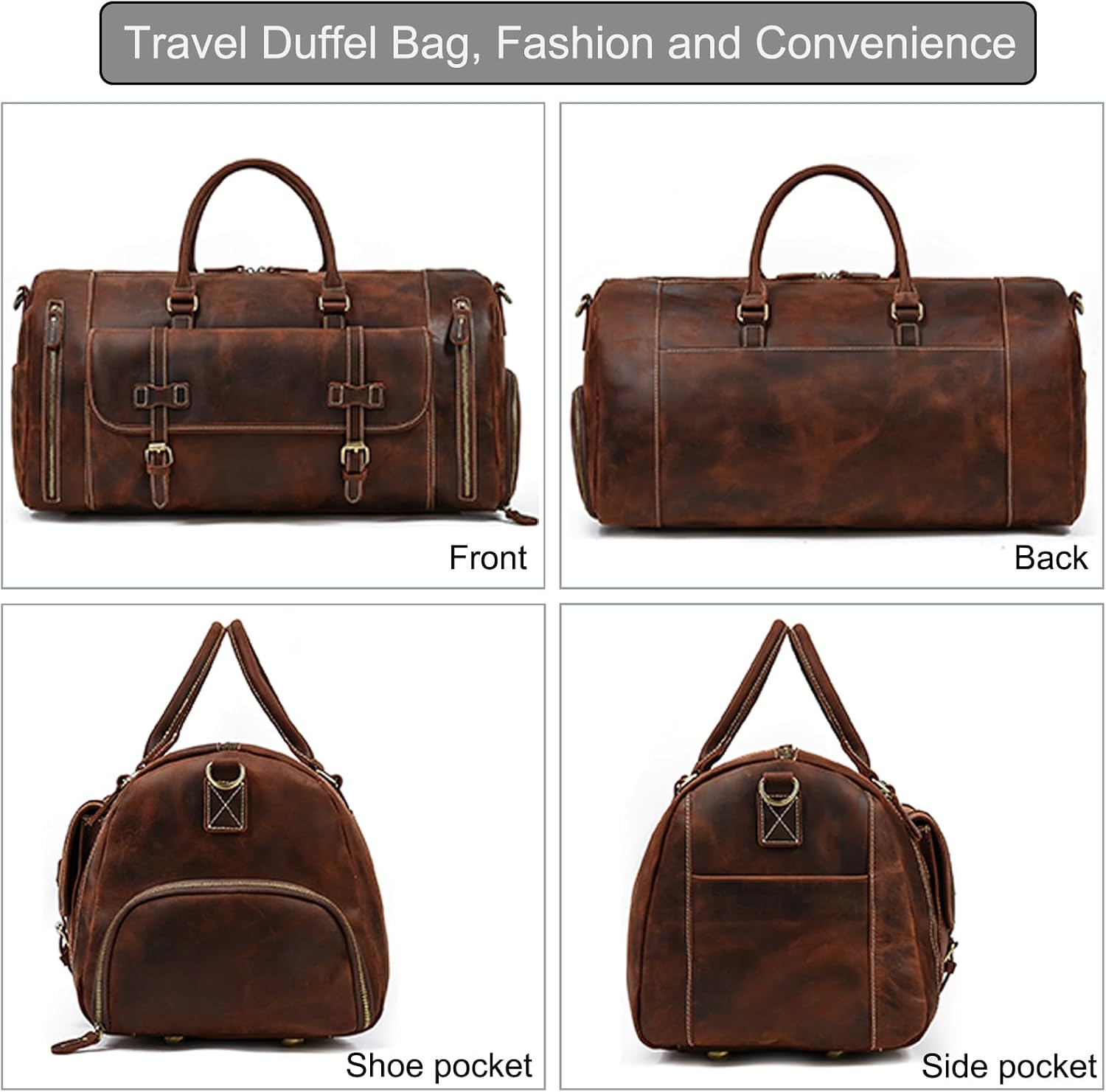 LUUFAN Full-grain Genuine Leather Travel Bag Large Capacity Duffel Luggage Bag with Shoe Compartment, Men Women Shoulder Bag for Weekend Holiday Business Trip, 58cm