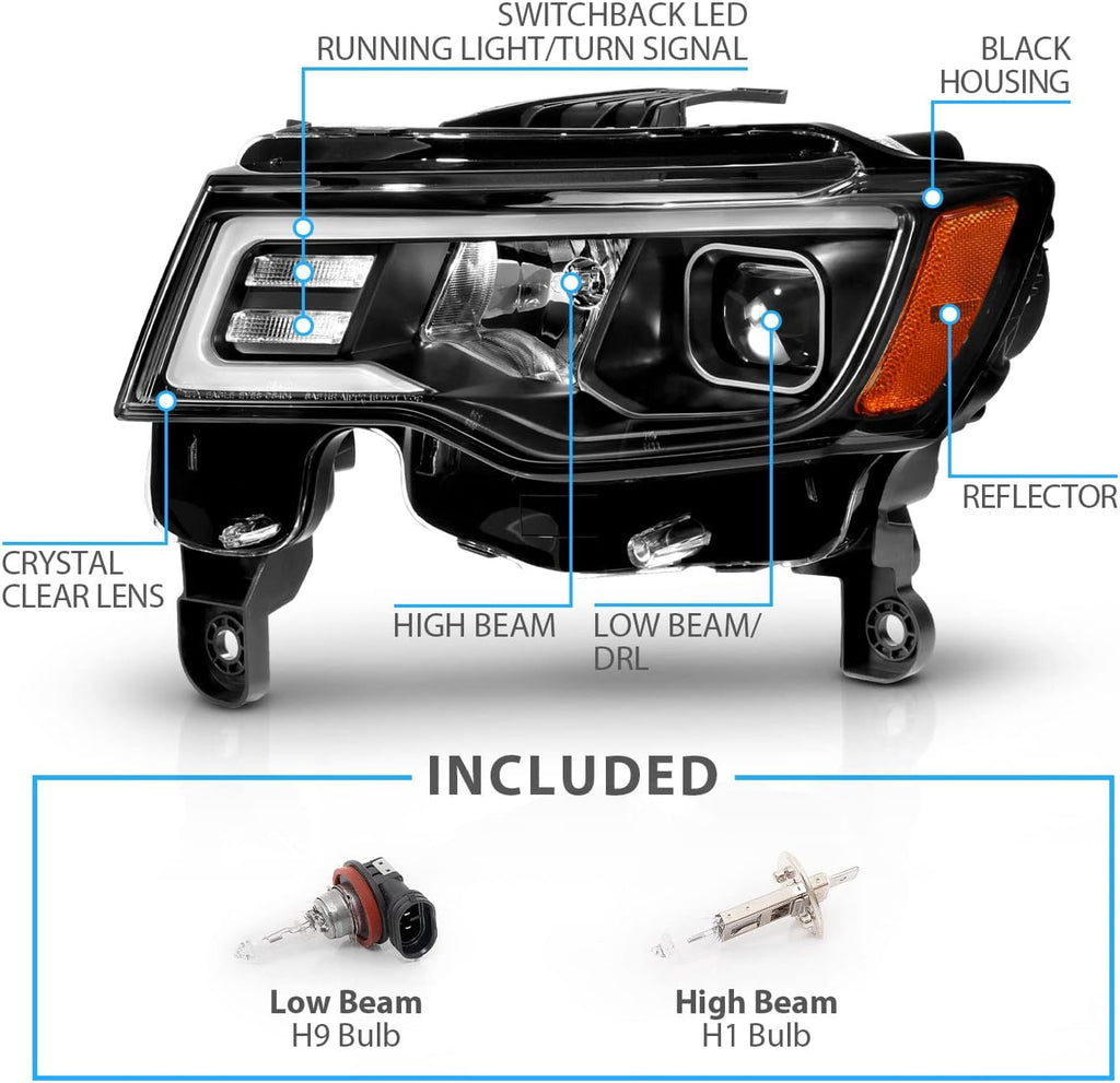 AmeriLite for 2017-2022 Jeep Grand Cherokee Switchback LED Bar Square Projector Black Headlights Assembly Set- Passenger and Driver Side
