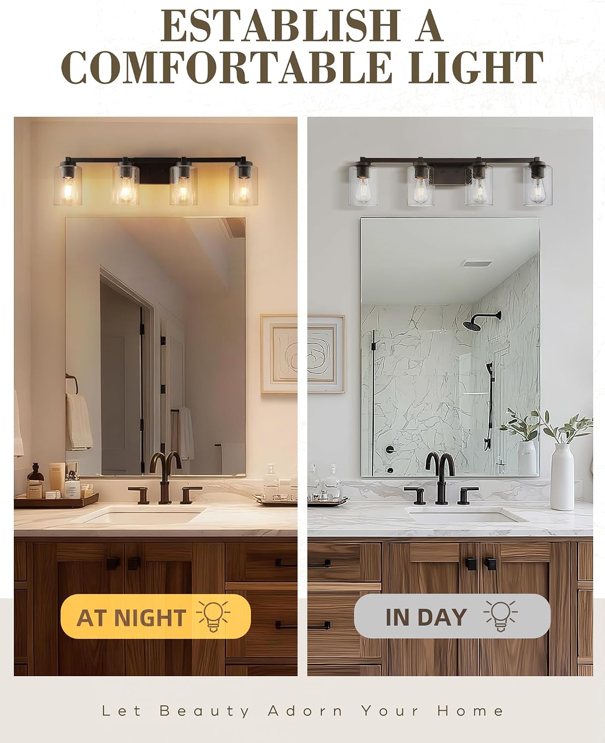 Beionxii Bathroom Vanity Lights, 4-Light Vintage Wall Sconce Light Fixtures, Oil Rubbed Bronze Finish with Clear Seeded Glass - MB9002 Series
