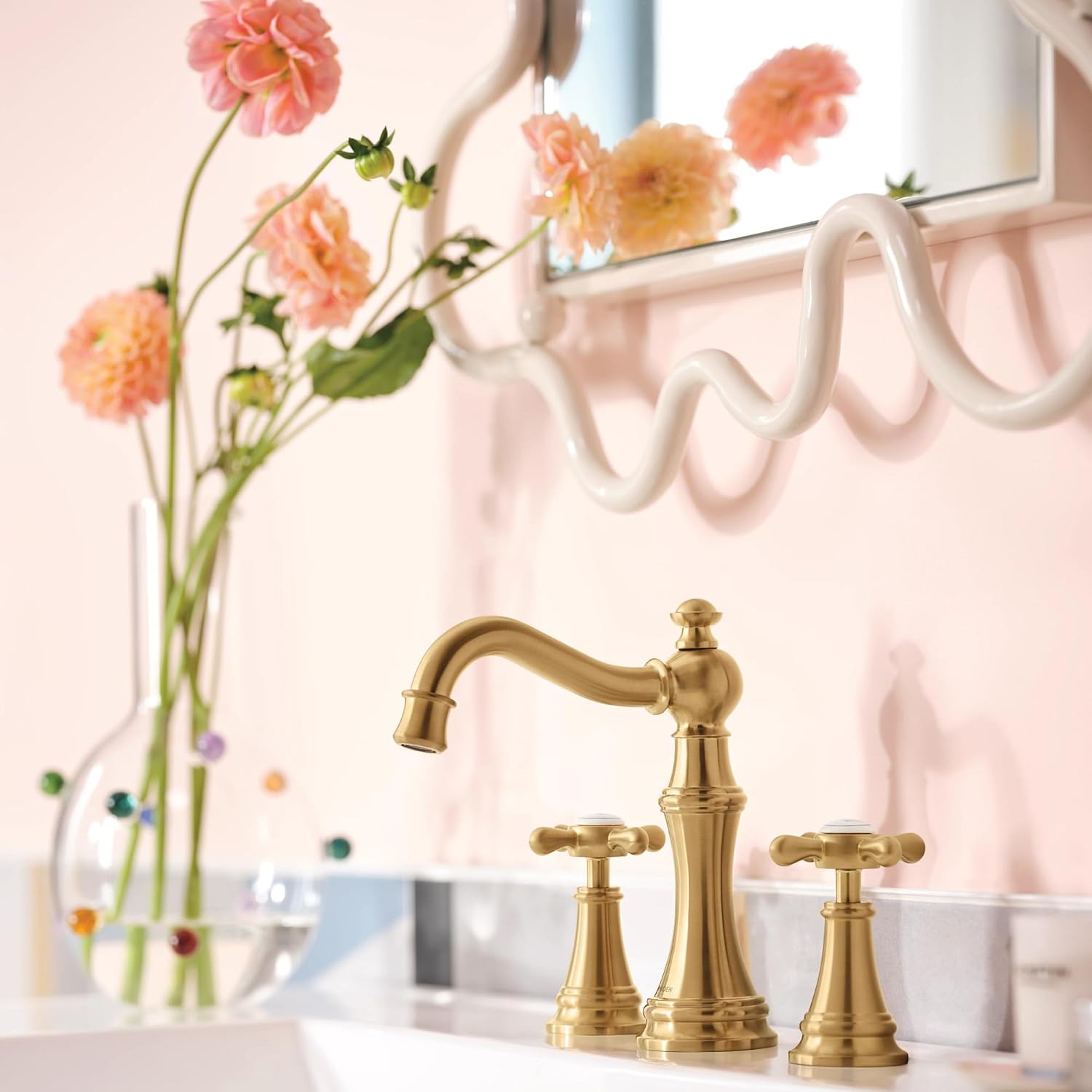 Moen Weymouth Brushed Gold Two-Handle Widespread Cross Handle Bathroom Faucet Trim Kit, Valve Required, TS42114BG