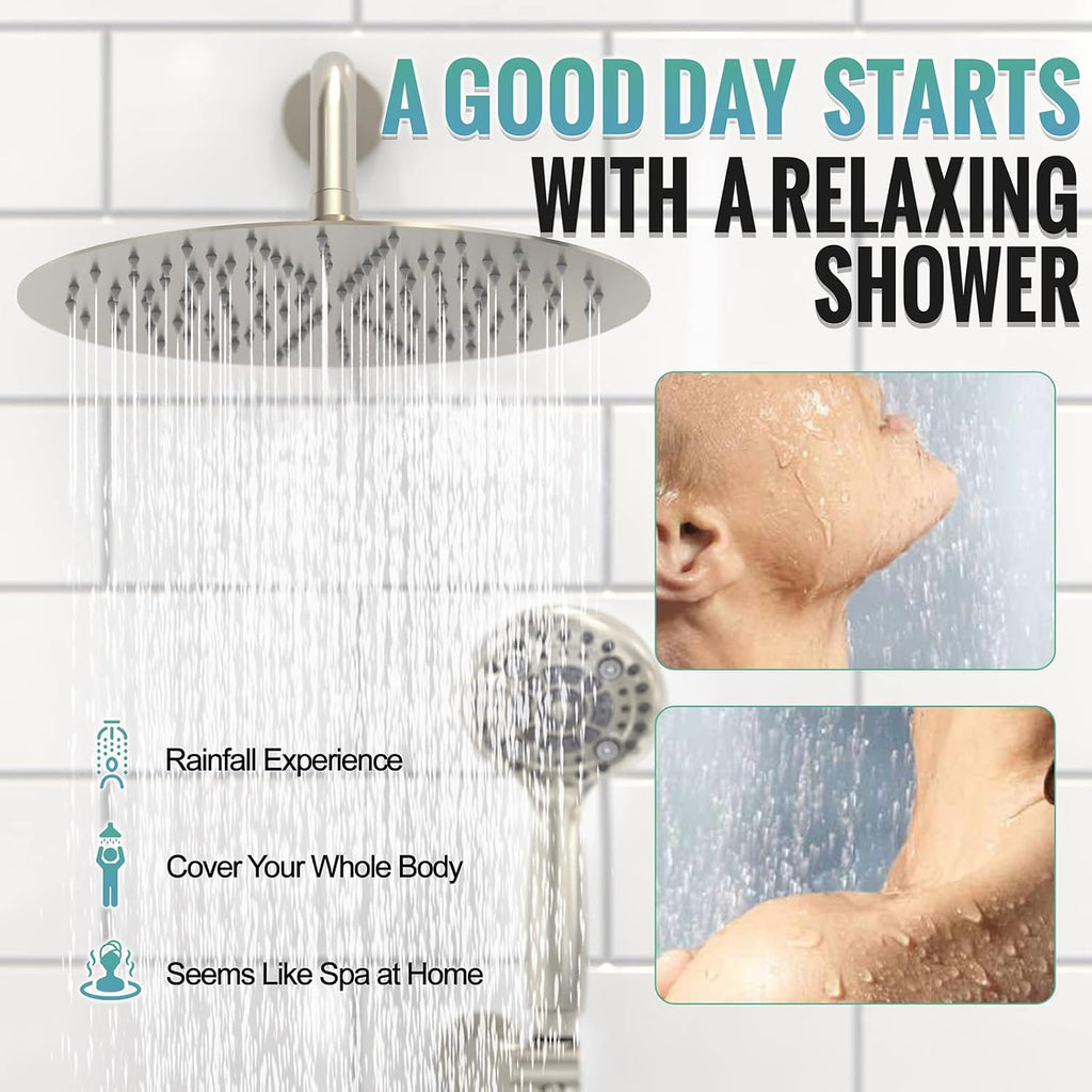 SR SUN RISE Shower Faucet - 12 Inch Multifunctional High Pressure Shower Head System with Handheld Shower Head Fixtures - Valve Included - Brushed Nickel