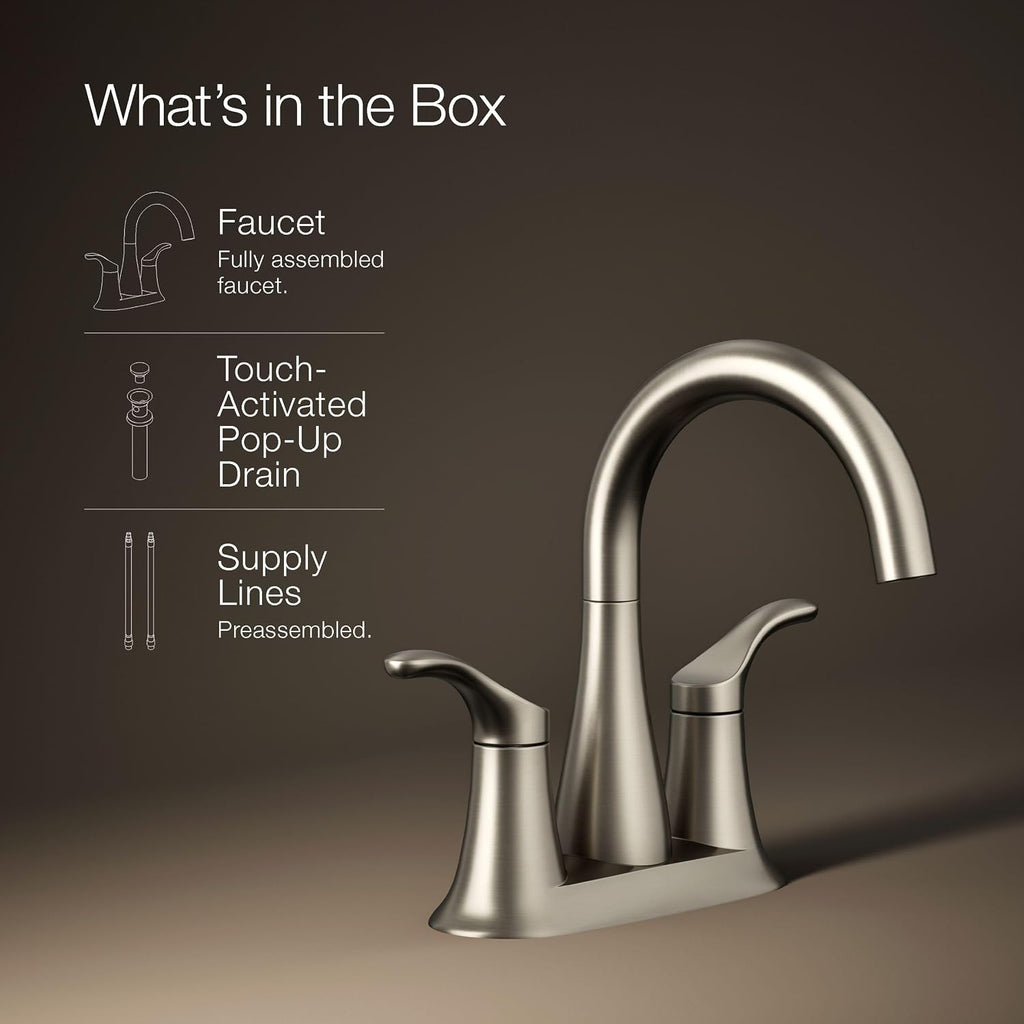 KOHLER K-27388-4-BN Simplice® Centerset Bathroom Sink Faucet, Bathroom Faucet 3-Hole Installation with Two Lever Handles and Clicker Drain, 1.2 GPM, Vibrant Brushed Nickel