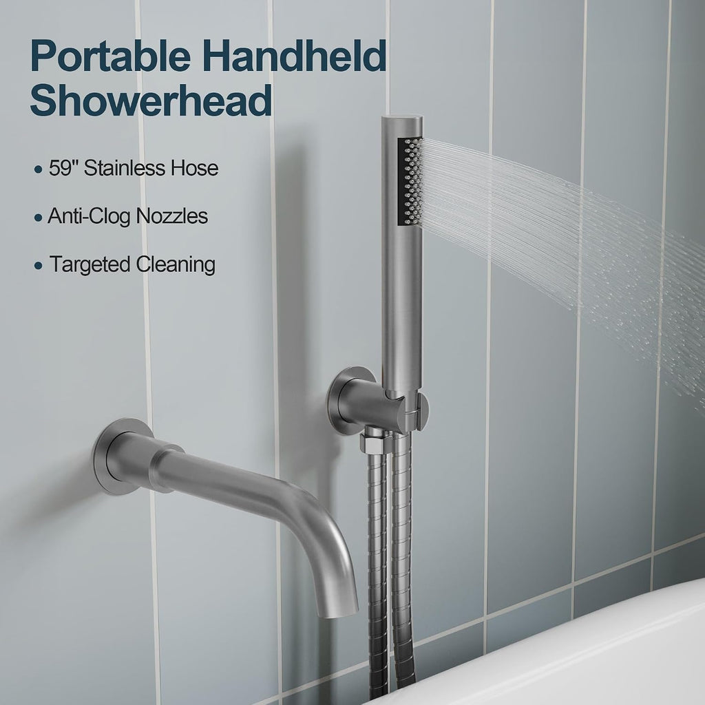 Brushed Nickel Wall Mount Bathtub Faucet with Handheld Shower, High Flow Tub Filler, Solid Brass Rough-in Valve Included, Single Handle Bathroom Fixture