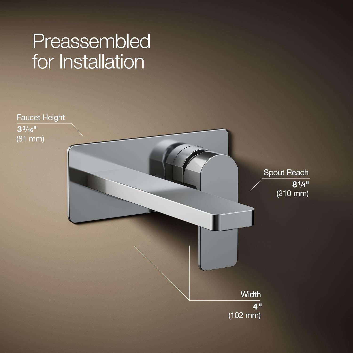 Kohler 22567-4-CP Parallel® Wall-Mount Single-Handle Bathroom Sink Faucet, 1.2 gpm, Polished Chrome