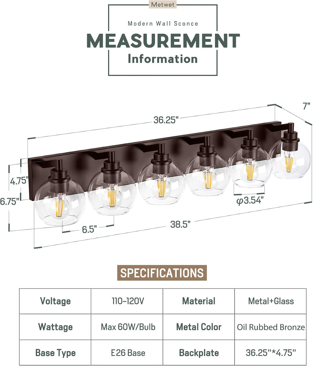 Oil Rubbed Bronze Bathroom Light Fixtures, 6-Light Bathroom Vanity Lights Over Mirror with Globe Clear Glass Shade, 38 Inch Modern Sconces Wall Lighting, VL195-ORB-6