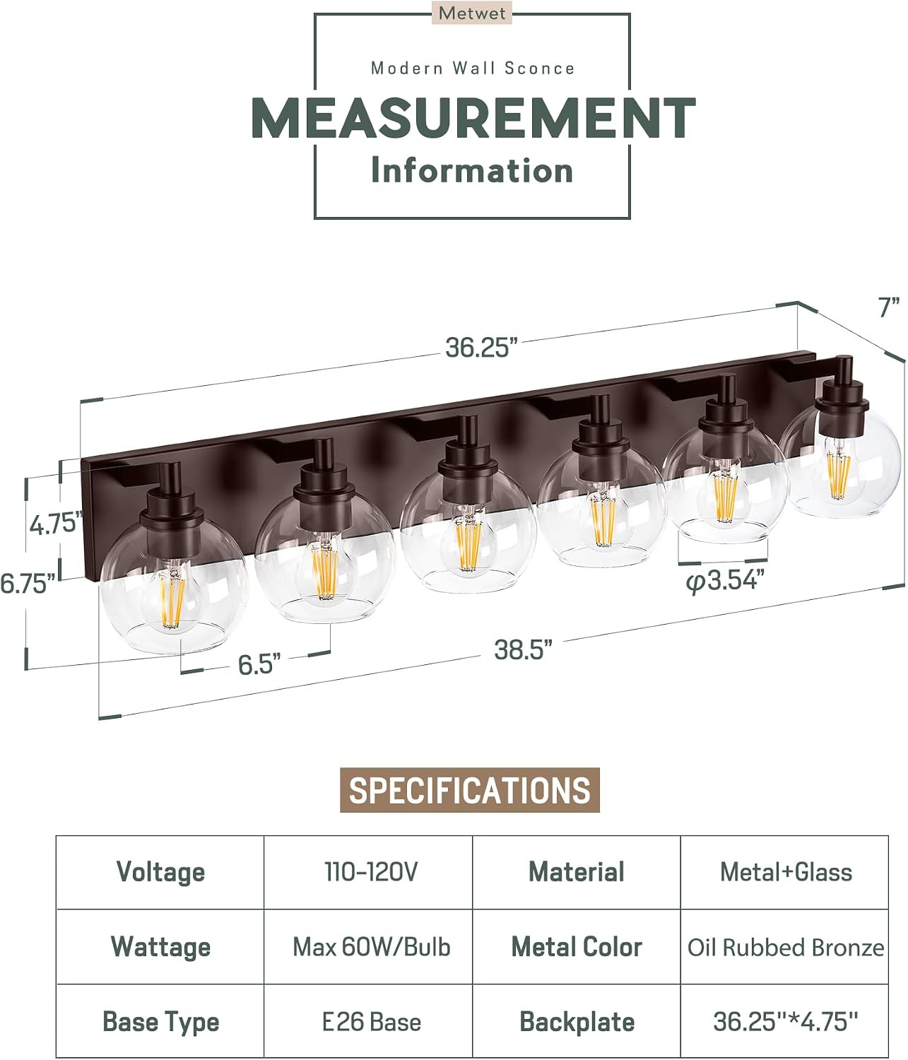 Oil Rubbed Bronze Bathroom Light Fixtures, 6-Light Bathroom Vanity Lights Over Mirror with Globe Clear Glass Shade, 38 Inch Modern Sconces Wall Lighting, VL195-ORB-6