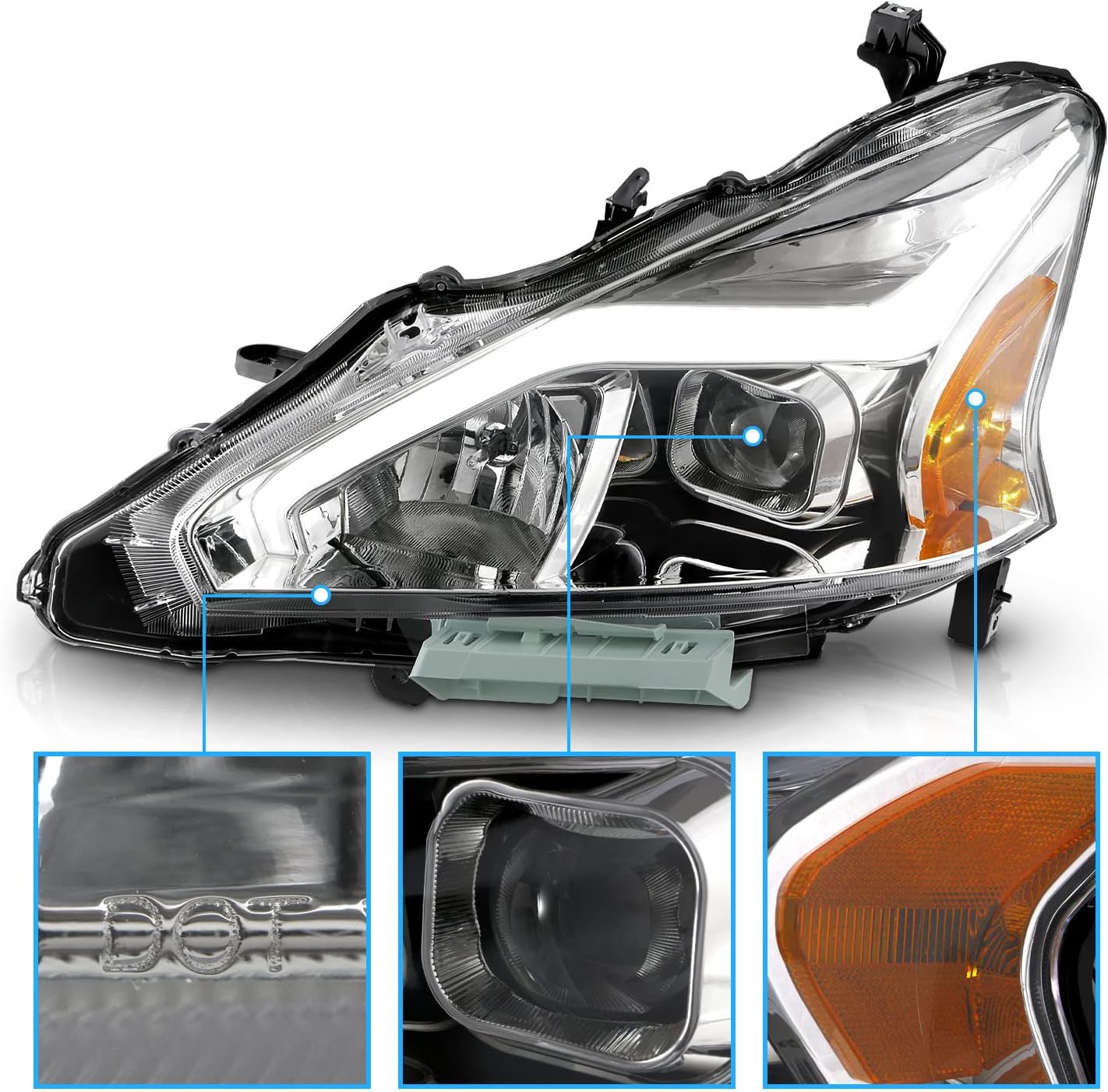 AmeriLite for 2013-2015 Nissan Altima 4 Door Sedan LED Tube Chrome Square Projector Headlights Set - Passenger and Driver Side