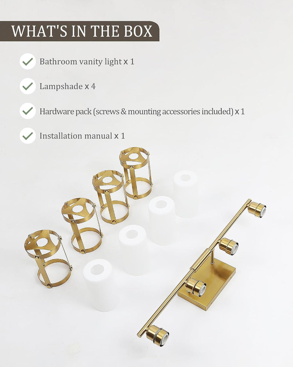 4-Light Brushed Gold Bathroom Light Fixtures with Milk White Frosted Glass, 29' UL-Listed Modern Wall Sconce Over Mirror with Metal Cage for Bath, Hardwire E26, OS-3014BGW-4W