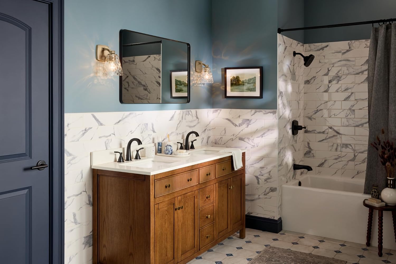 Kichler Marant 5' 1-Light Wall Sconce Bathroom Vanity Light Fixture with Clear Water Glass in Champagne Bronze for Bathroom, Powder Room and Hallway (5' W x 9.5' H), 55214CPZWTR