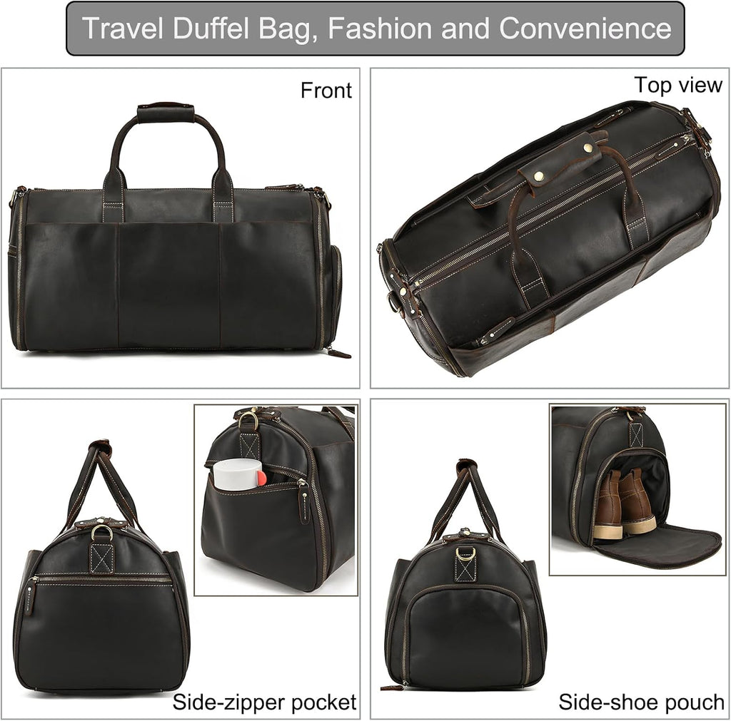 LUUFAN Full-grain Leather Garment Bag Large Capacity Travel Bag Business Suit Carrier Bag with Shoe Compartment, Overnight Gym Sports Duffel Bags for Men Women, Dark Brown
